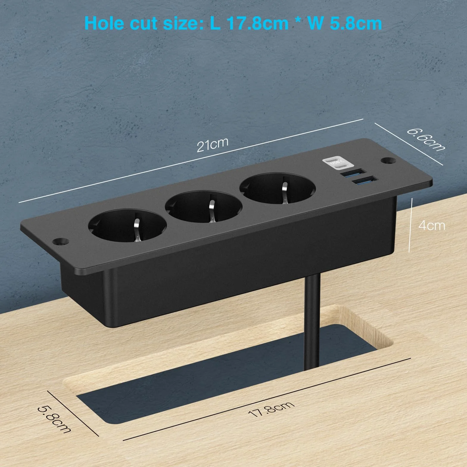 Prise Encastrable de Table 3 Prises 2 USB-A 2 Type-C Câble 2m Noir