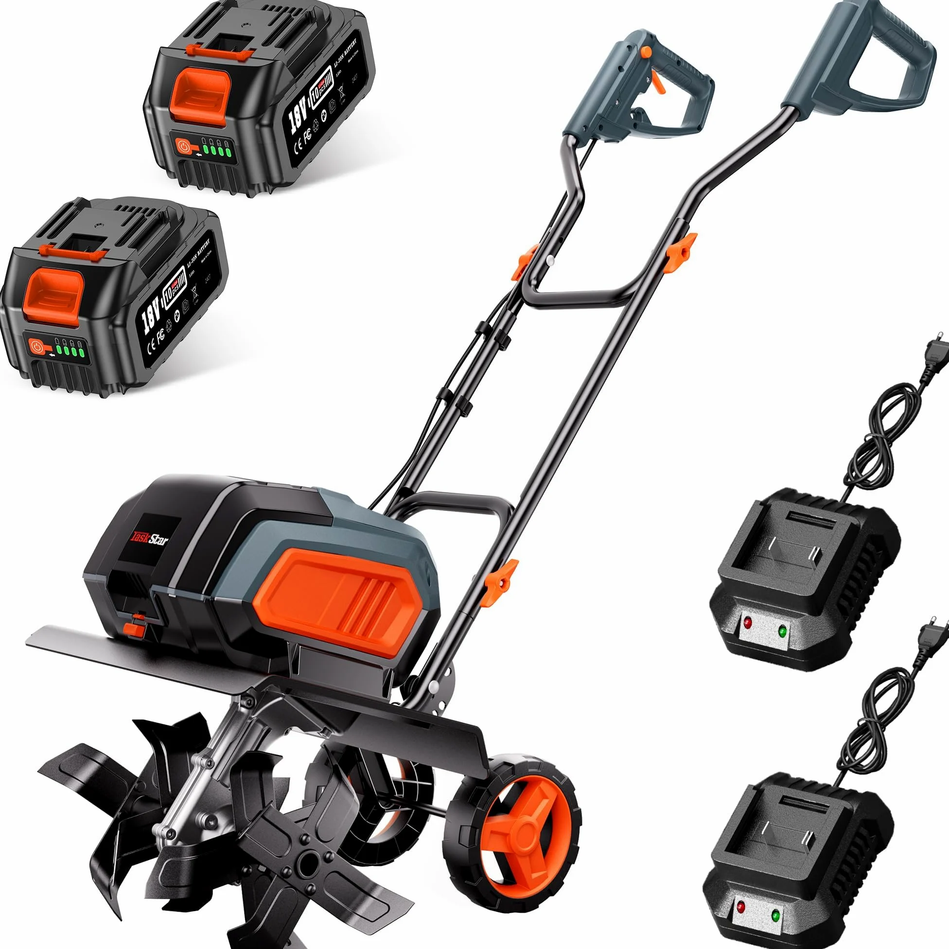 Motoculteur Électrique sans Fil 40V TaskStar Motobineuse électrique, Kit Complet avec 2 Batteries et 2 Chargeurs