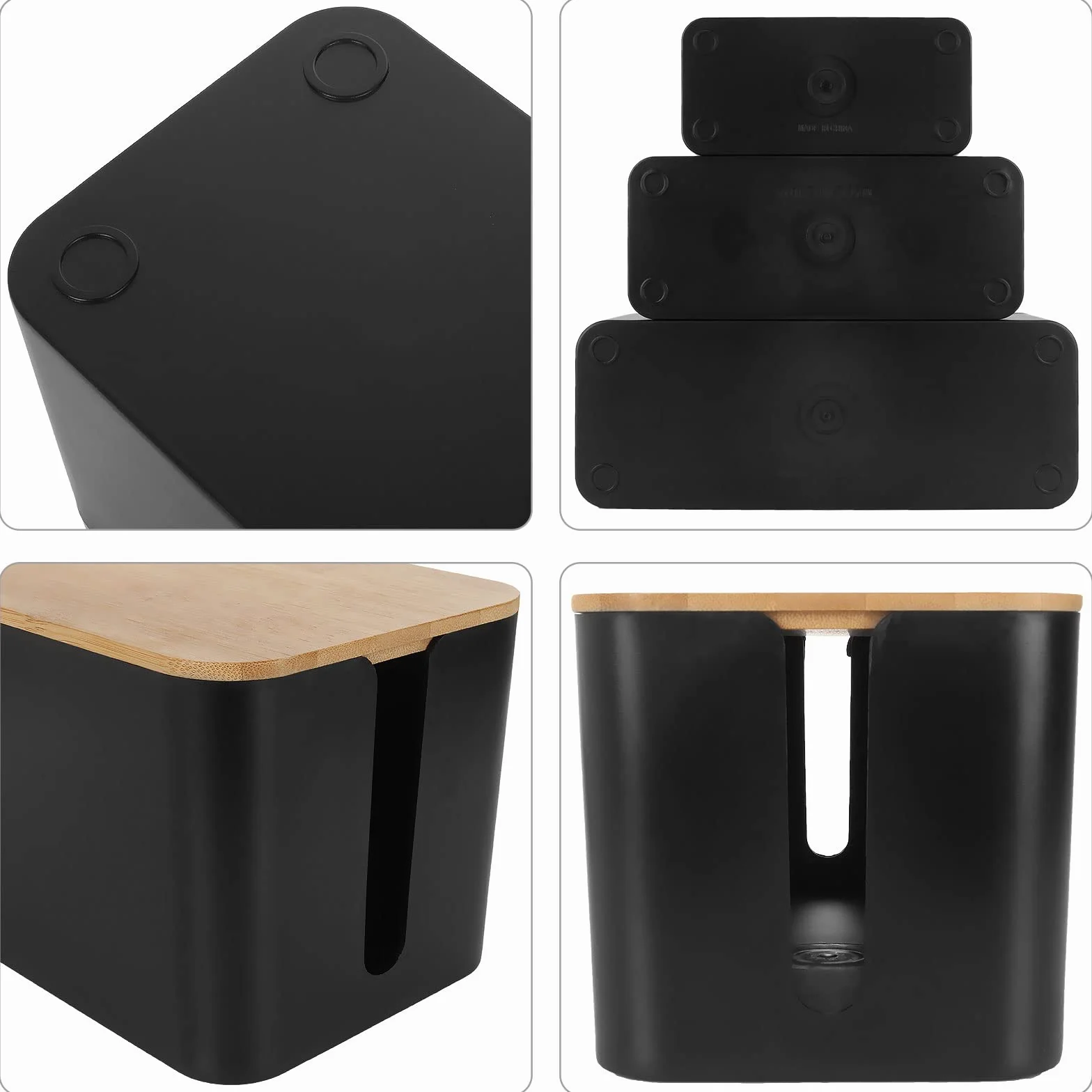 Boîte de Rangement de Câbles Noir, Cache Multiprise Électrique avec Couvercle Bois, 3 Pcs 3 Tailles