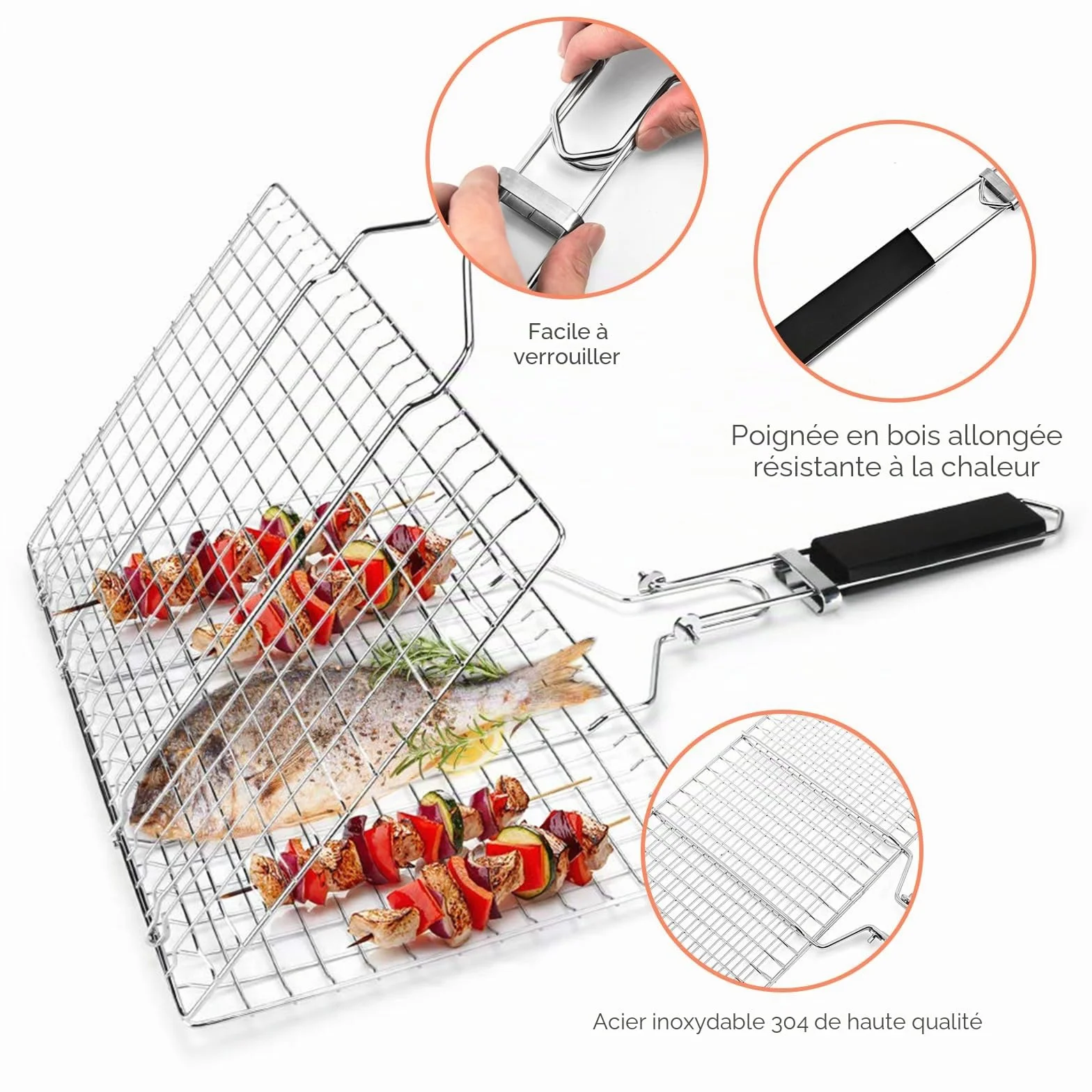 Lot De 2 Paniers De Barbecue Portables, Paniers De Grillades De Poisson Pliables, Paniers De Barbecue Pliables En Acier Inoxydable Avec Poignée En Bois Amovible Pour Poisson Rôti, Brochettes