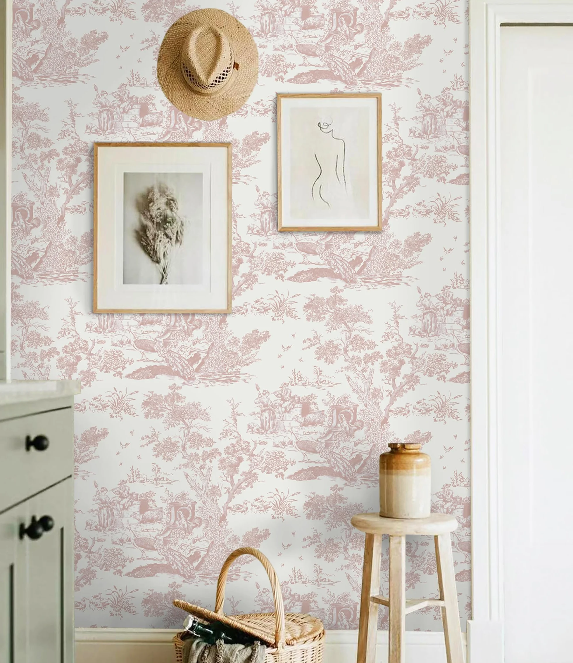 Papier Peint Autocollant Vintage 41 x 300 cm Vinyle Arbre Animaux Imperméable Rose Chambre