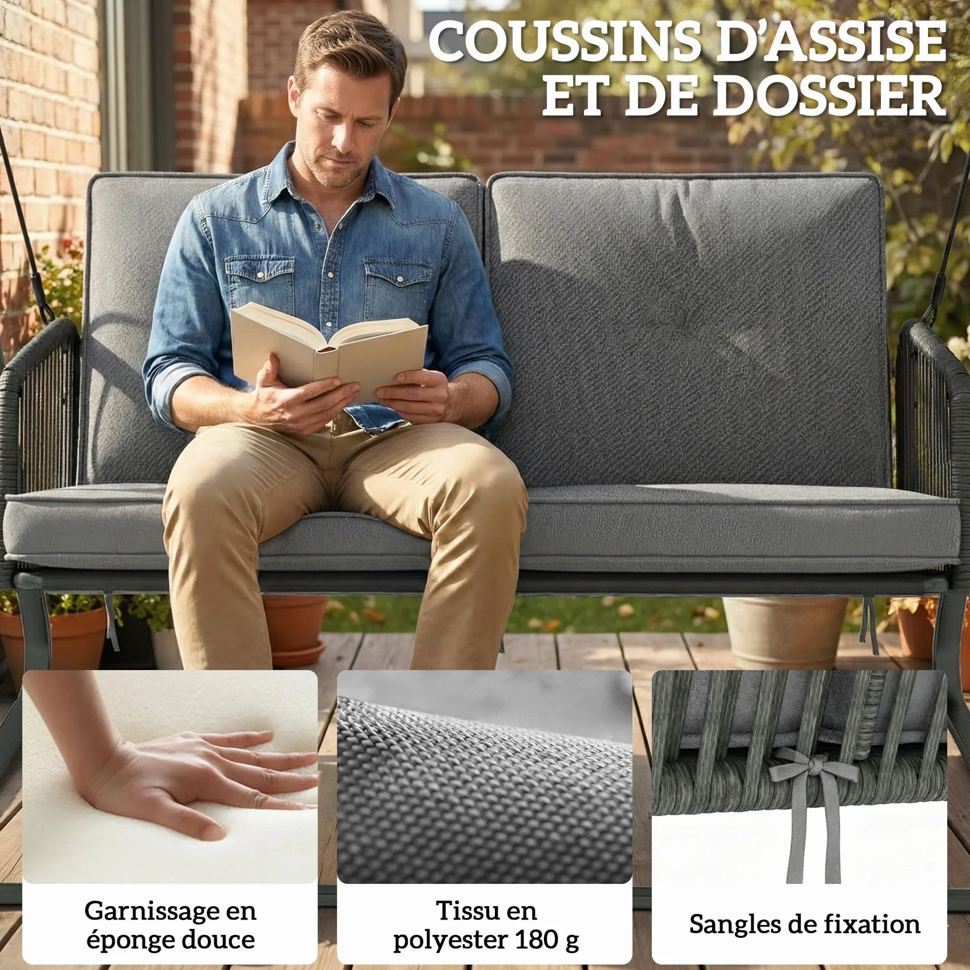 Outsunny Balancelle de Jardin 2 Places Résine Tressée Toit Réglable Coussin Épais Cadre Acier Charge 240 kg Gris 150x128x168cm