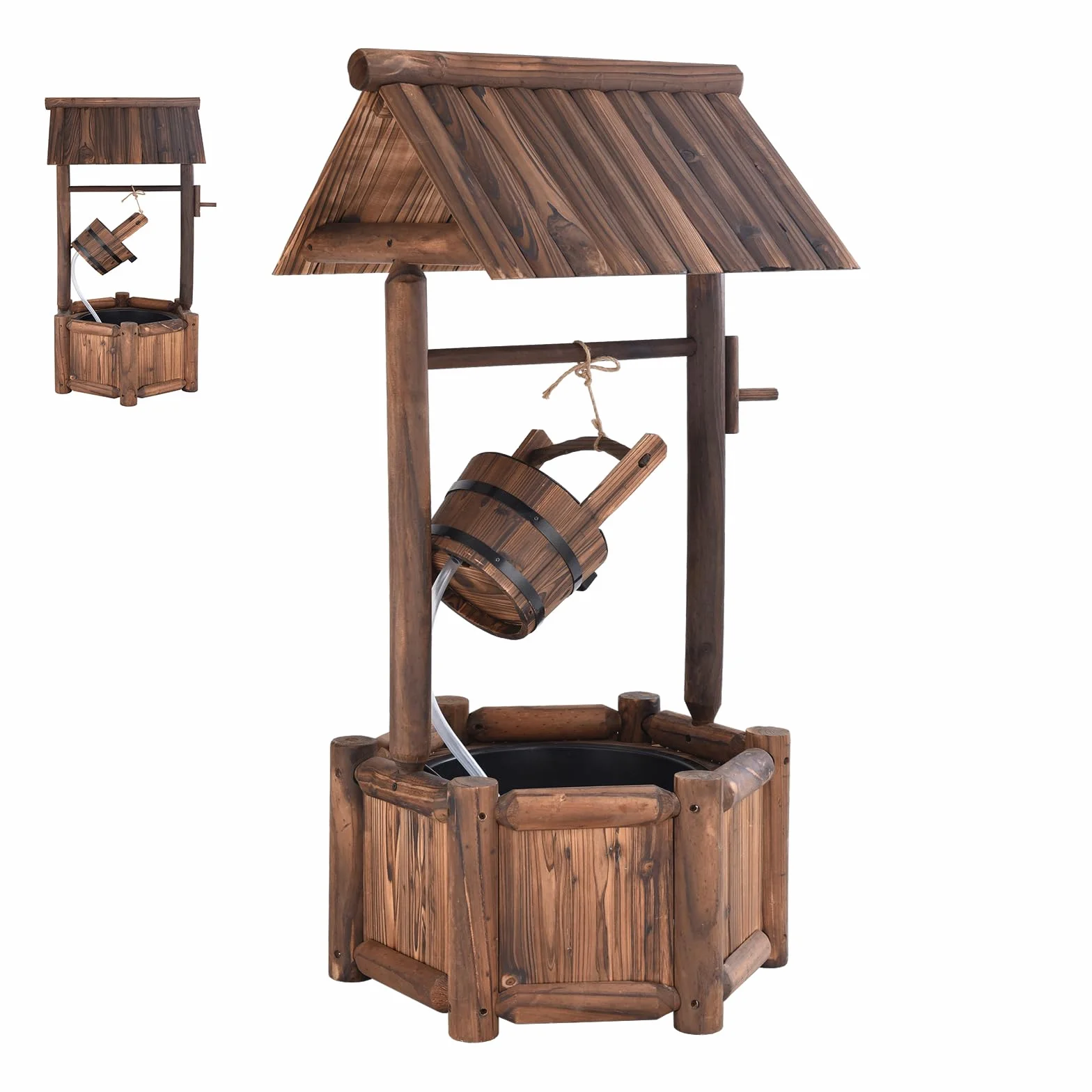 SOARS Fontaine Exterieure de Jardin 58 X 58 X 114 CM, Puit Decoration Jardin en Bois de Sapin avec Toit pour l'Extérieur, Seau Réglable en Hauteur, pour Cour, Pelouse, Jardin (58 X 58 X 114 CM)