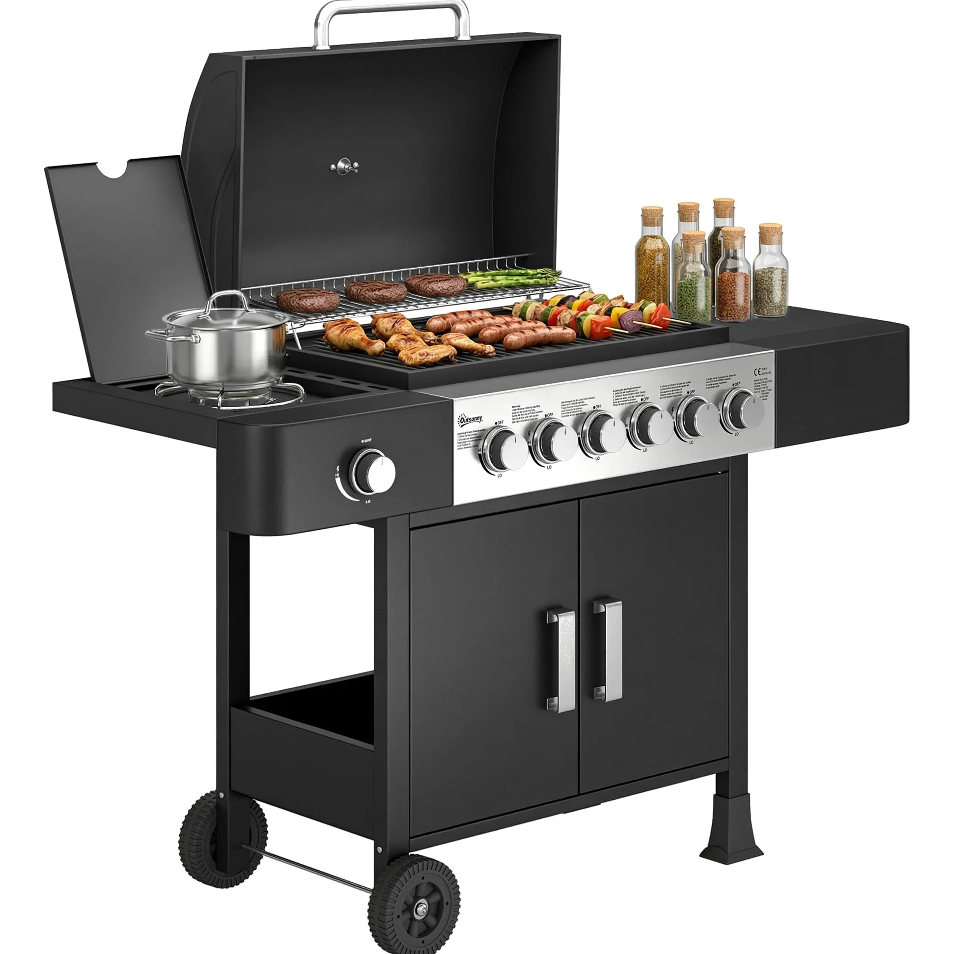 Outsunny Barbecue à gaz 6+1 brûleurs chariot portable avec roues, grille de maintien au chaud, thermomètre intégré, étagères latérales, placard et couvercle Noir