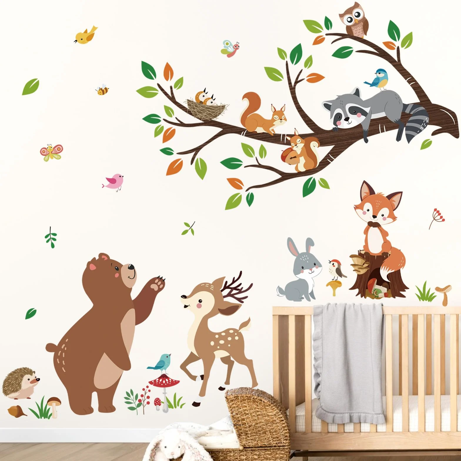 Autocollant Mural Animaux Forêt Arbre Branche Ours Renard Cerf Décoration Murale Bébé Chambre Enfants