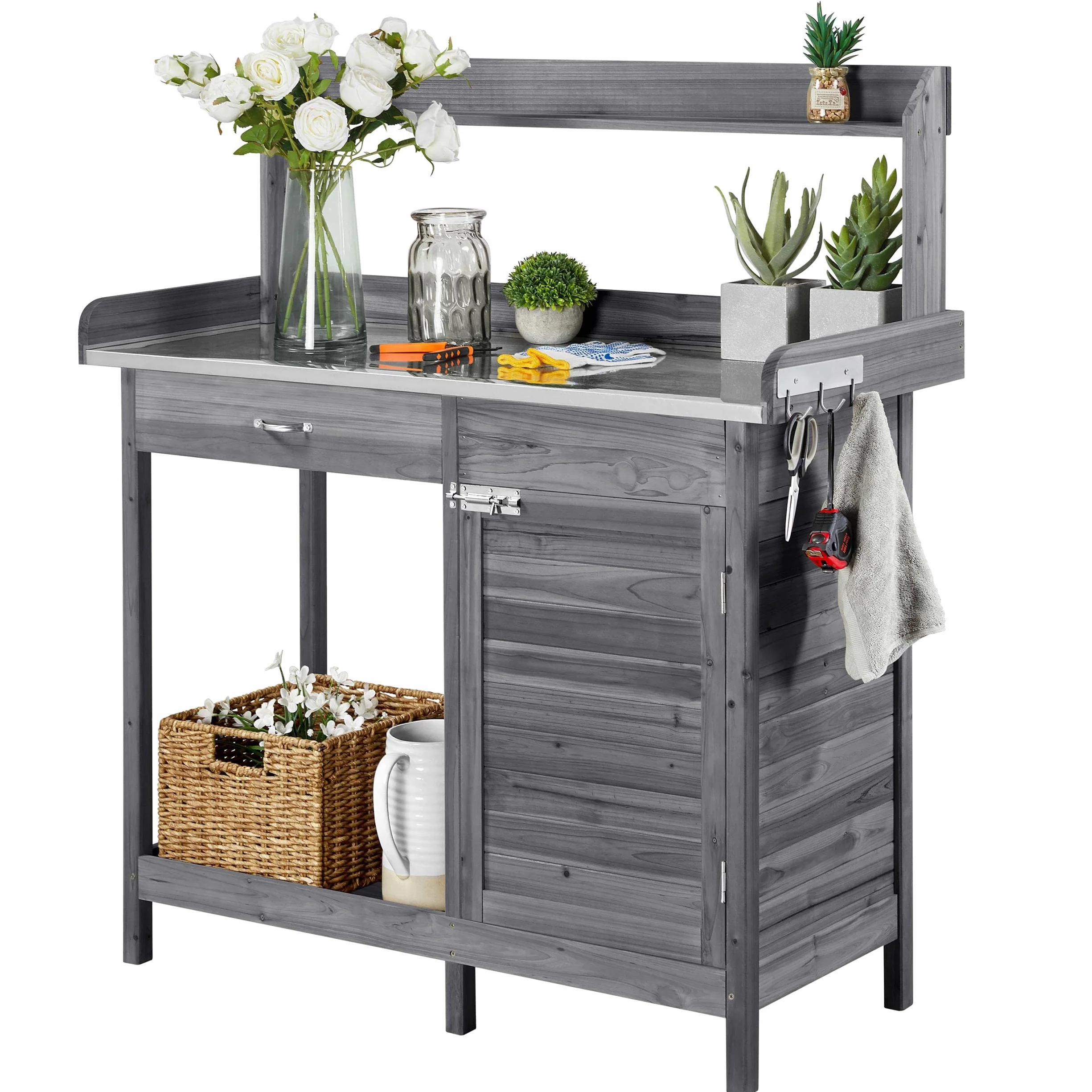 Yaheetech Table de Rempotage Jardinage avec Tiroirs Crochet Armoires Rangement Métallique Galvanisé Gris