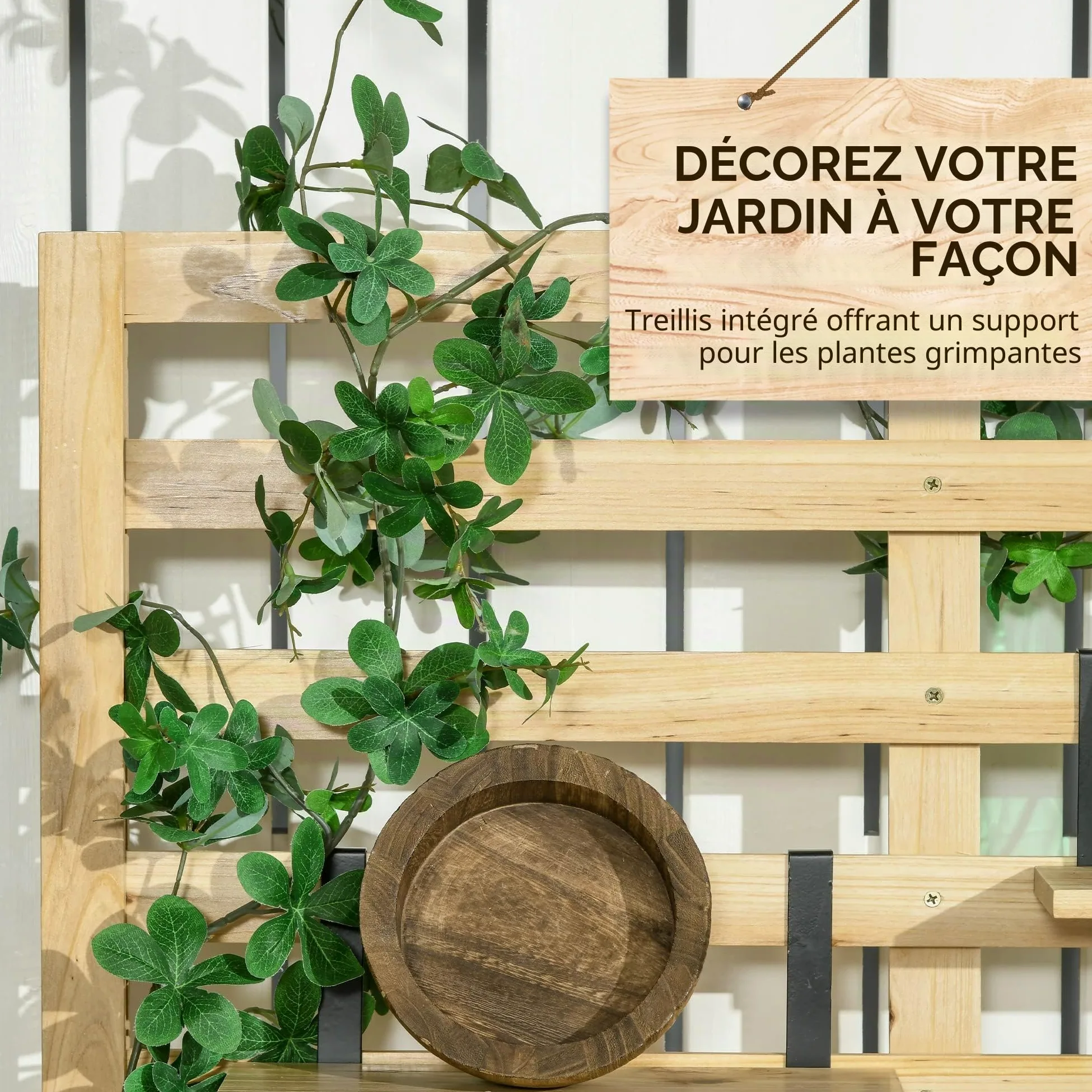 Outsunny Boîte de rangement, coffre de rangement avec treillis, boîte de rangement avec étagères, coffre de jardin, boîte à coussins, en bois massif, naturel, 80 x 45 x 160 cm