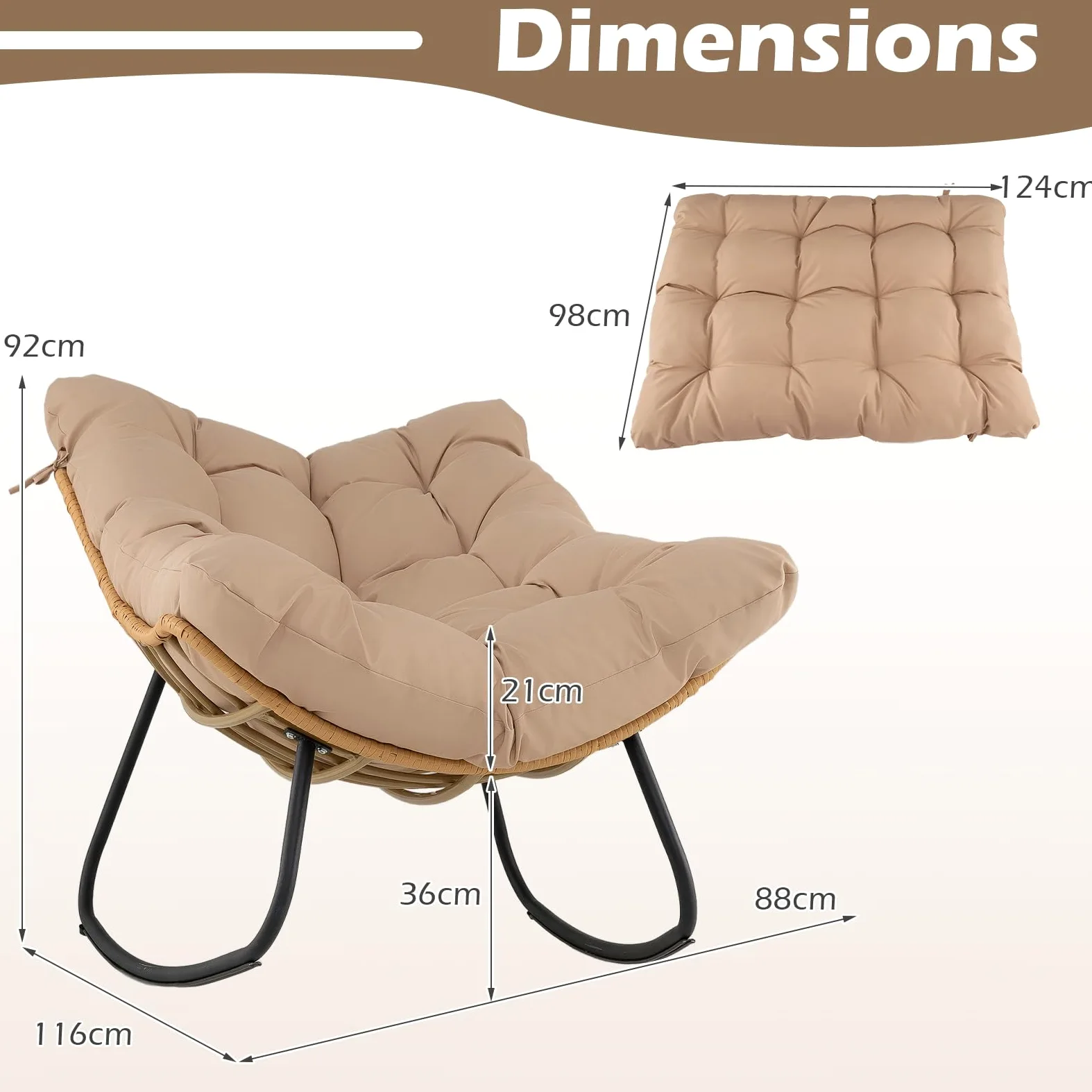 COSTWAY Fauteuil à Bascule Exterieur Interieur XXL, Fauteuil de Jardin en Rotin PE Tressé, Cadre en Métal, Coussin Épais Amovible, Rocking Chair pour Balcon Salon Porche, Charge 140 kg (Beige)