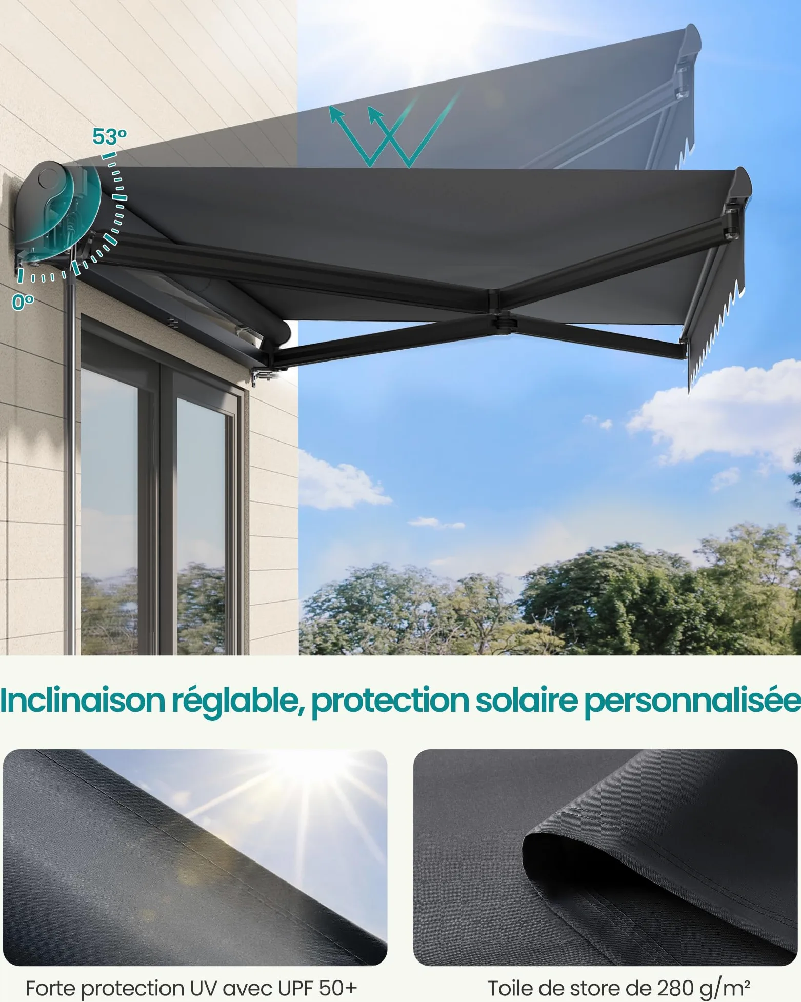 SONGMICS Store Banne Rétractable, Store Manuel avec Manivelle, Protection Solaire pour Balcon, Jardin, UPF 50+, Alliage d’Aluminium, Réglable, 300 x 250 cm, Gris GSA306GZ01