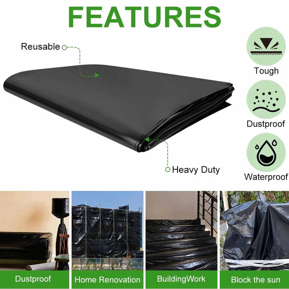 2MX3M Bâche en Polyéthylène Noir, Bâche pour Serre Noir en Polyéthylène, Résistant Couverture de Polytunnel, Membrane Horticol pour Jardinage, Isolation des Bâtiments et Tapis de Sol(80Mu/580G)