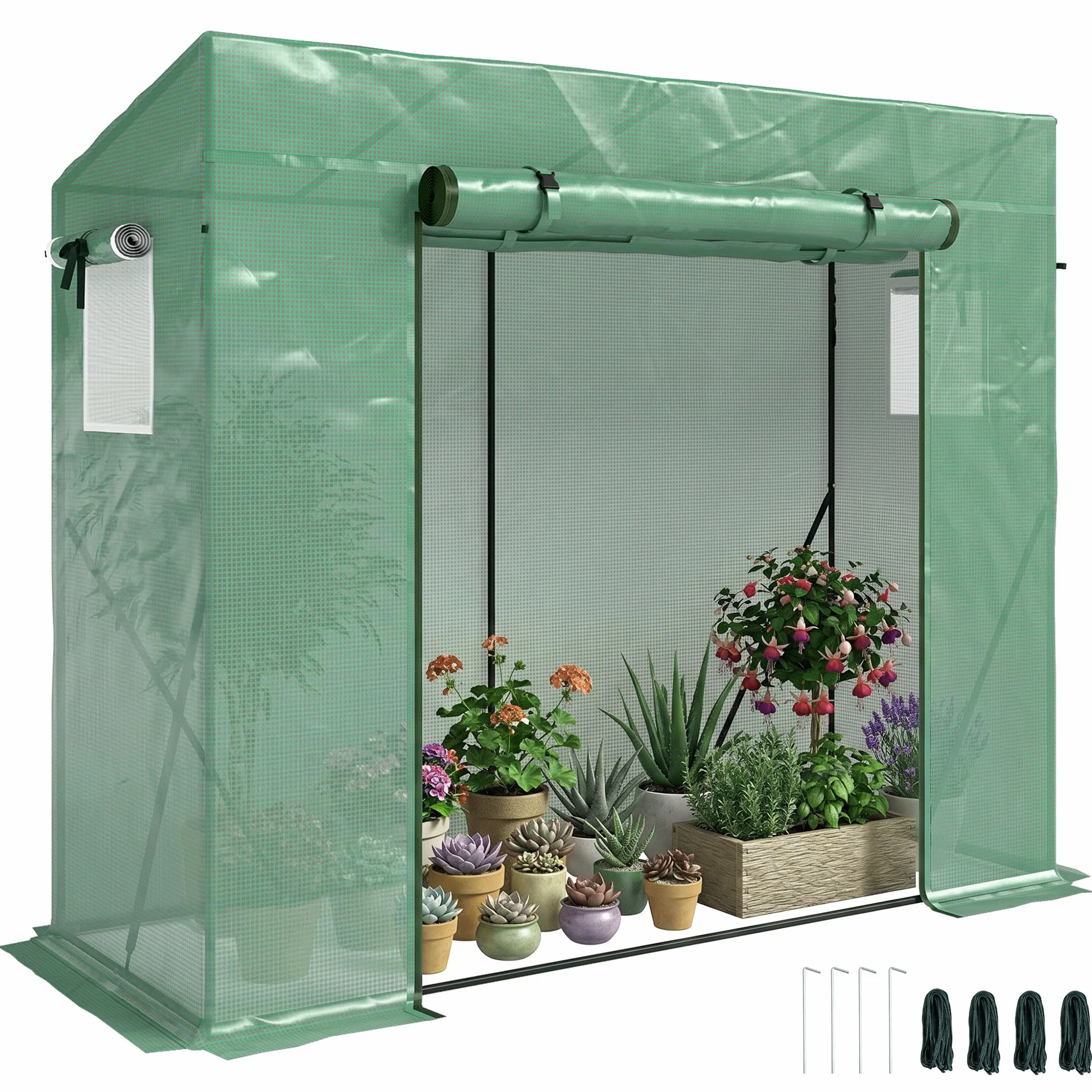 Outsunny Serre de Jardin PE, Serre de Balcon, bâche renforcée 140 g/m², châssis en Acier, Porte zippée Enroulable, pour légumes Plantes Fleurs, intérieur et extérieur, 200 x 77 x 169 cm, Vert