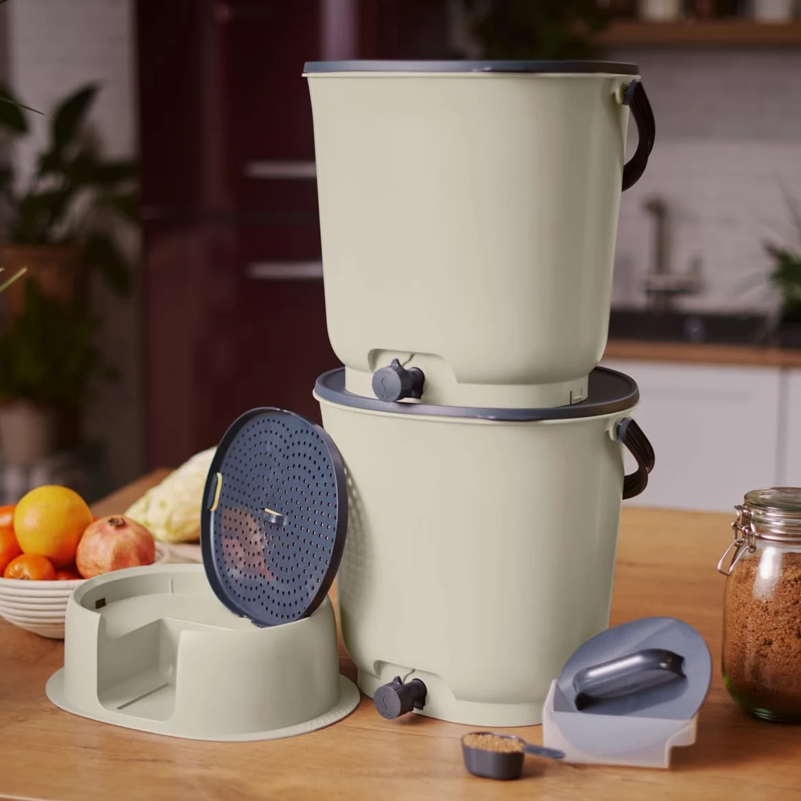 Bokashi Organko Essential Crème (15,3L) | Kit 2 seaux à Compost Organique avec compacteur + 1kg d'Activateur EM-1 de Fermentation fabriqué en France
