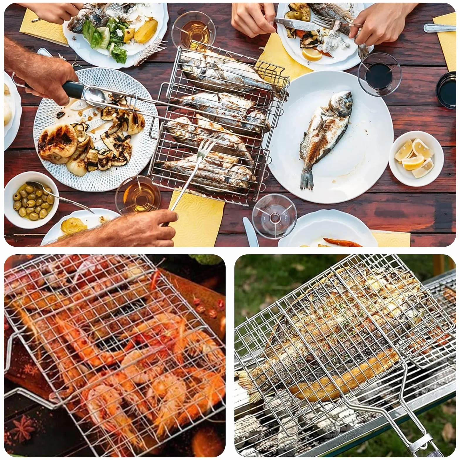 Panier de Barbecue Pliable 32 x 22 cm Acier Inoxydable avec 2 Brosses Silicone pour Poisson Crevettes Légumes Steak