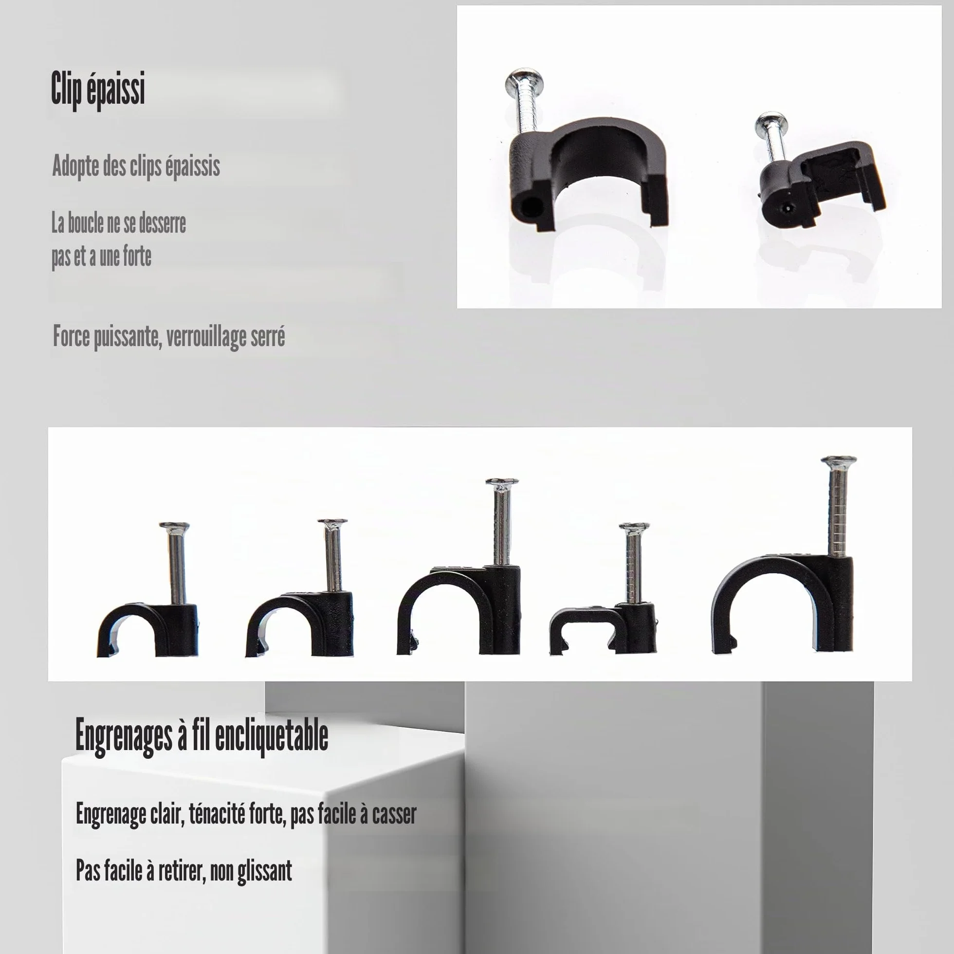 700 Pcs Clips de Câbles Ronds/Carrés, Attaches Câbles Avec Clous, Agrafes Noires, Support de Fil Organisateur pour Câble Ethernet 4-10mm