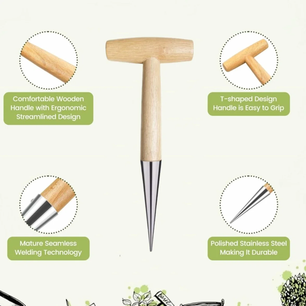 Plantoir à bulbes avec Pointe en INOX,Plantoir à Main Traditionnel,Outil de Perforation de Jardin,plantoir à Main en Acier Inoxydable avec Manche de 28 cm Plantoir,semoir Pratique