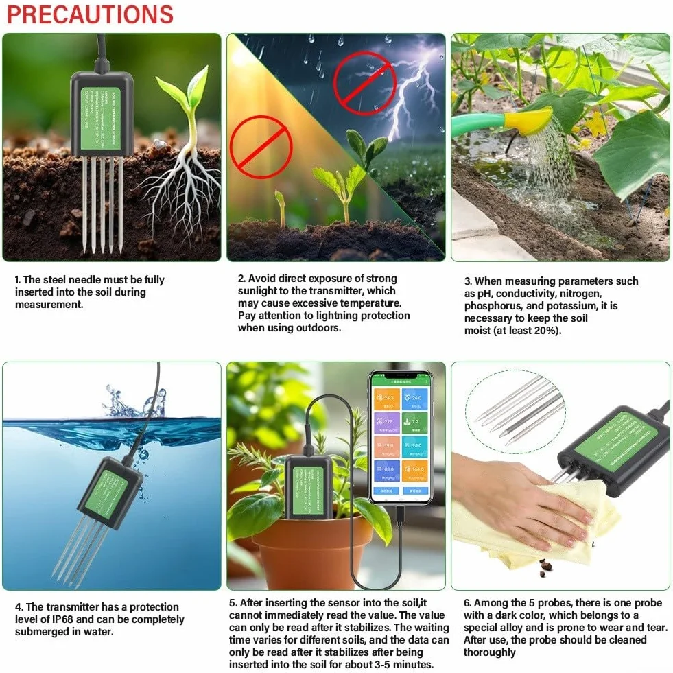 Testeur de sol 7-en-1, mètre d'analyse de sol numérique USB pour la mesure de la température, du pH, du NPK et de l'humidité, compatible avec l'application Android, câble de 1,5 m