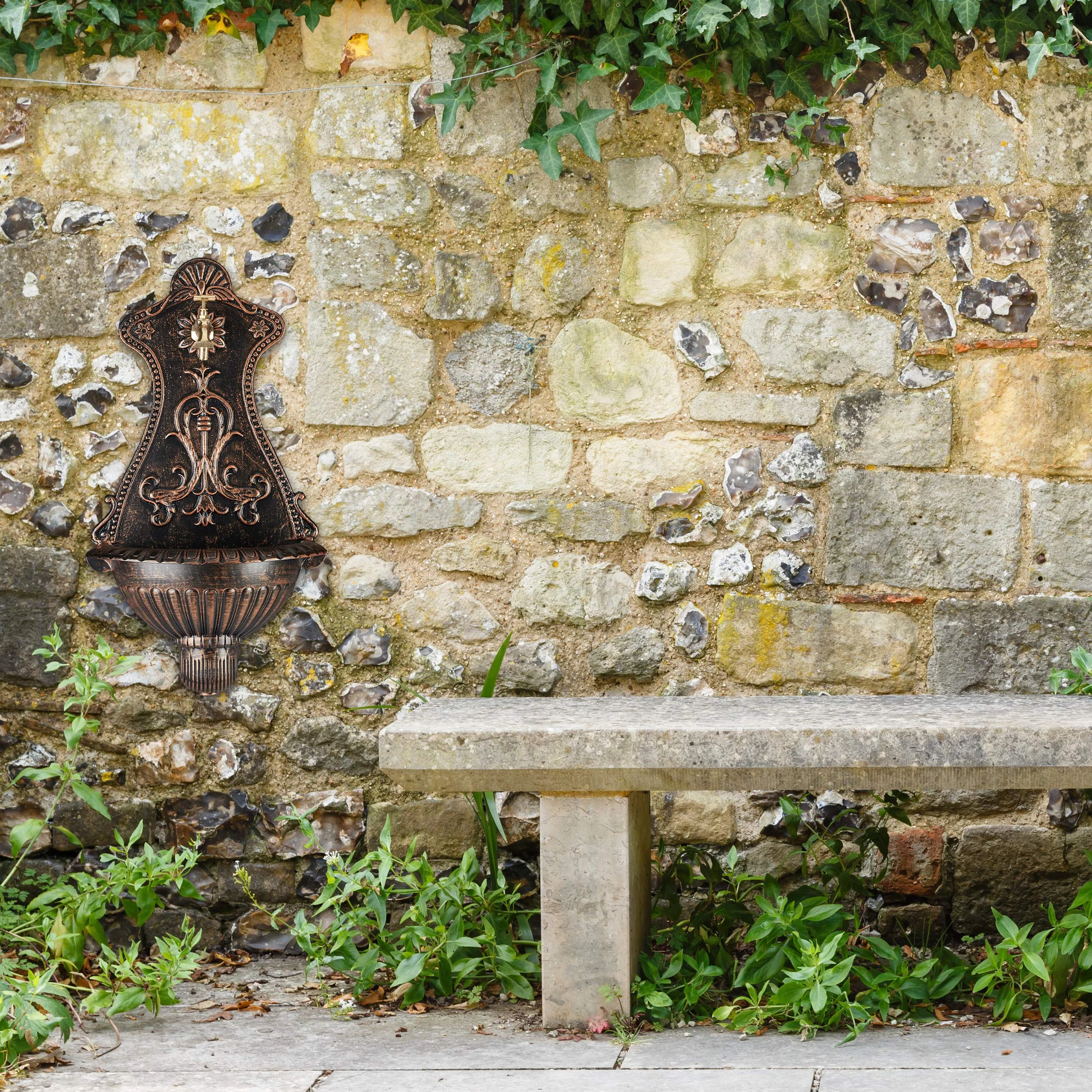 Relaxdays fontaines murales, éviers de jardin aspect nostalgie, robinet et évier suspendu, HlP 66 x 37 x 19,5 cm, bronze