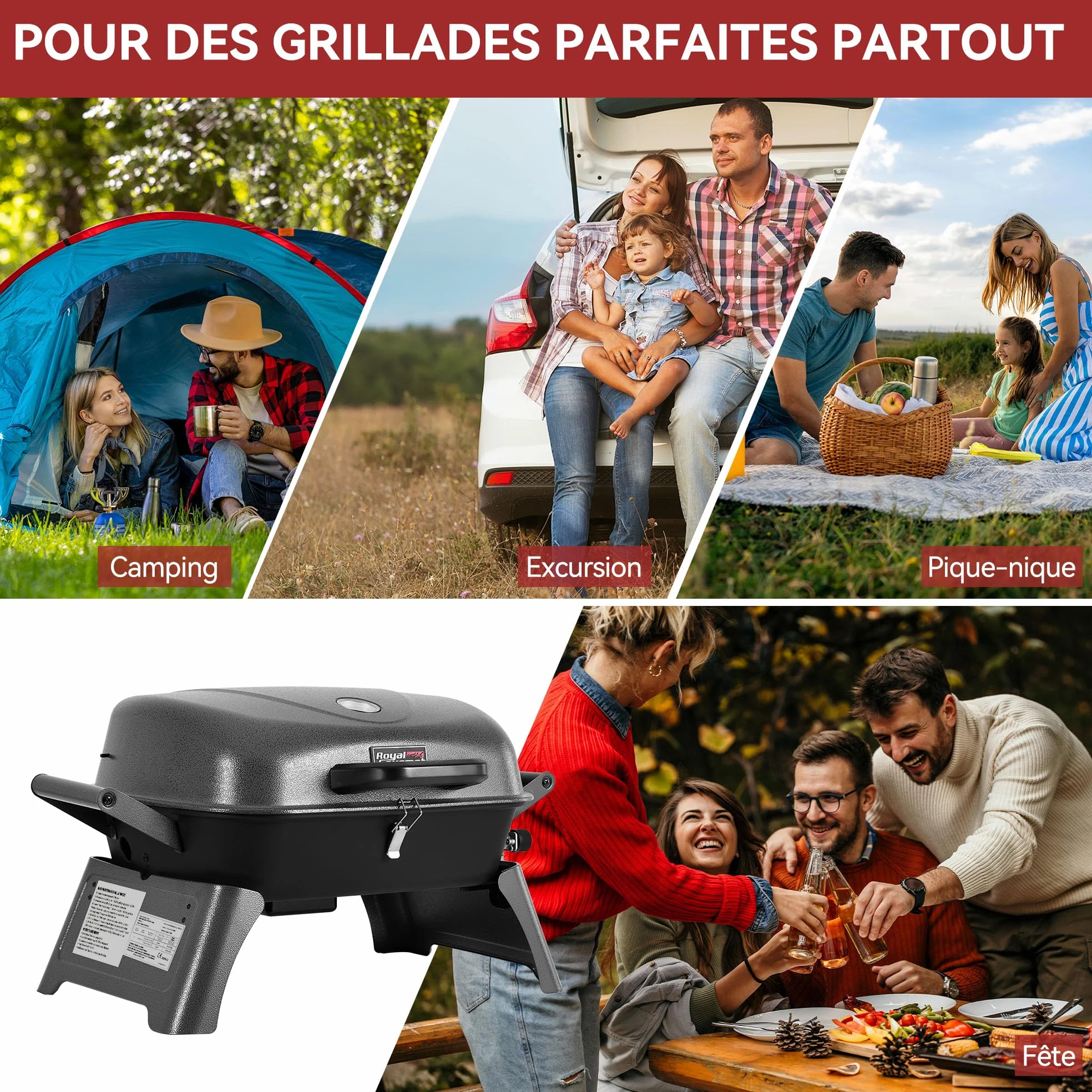 Royal Gourmert Barbecue à gaz Portable de 3,5 KW, Barbecue de Table à gaz avec poignées et Pieds rabattables, Barbecue de Camping pour Le Jardin ou la Terrasse