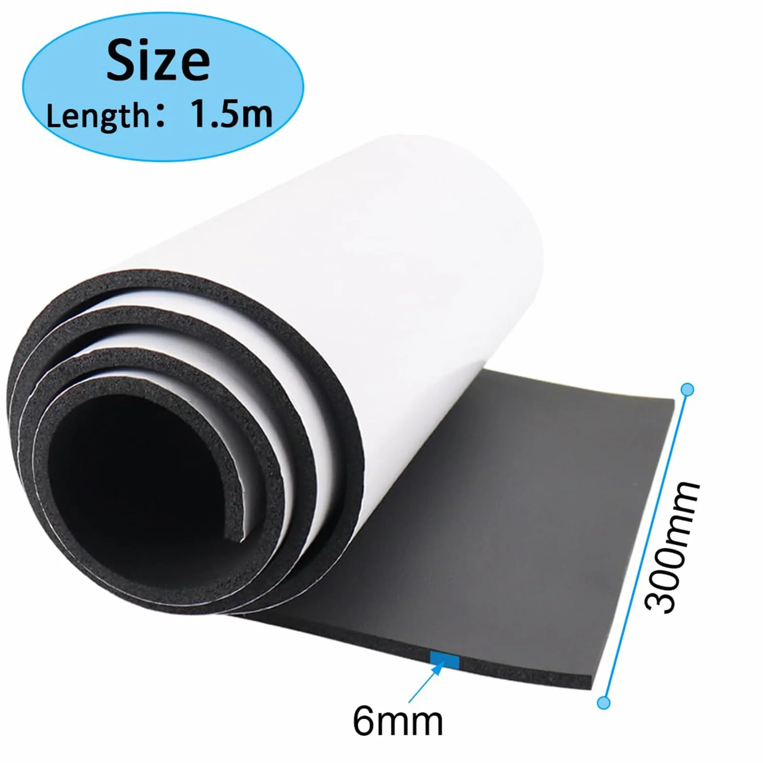 Plaque de mousse en néoprène auto-adhésive 300mm x 6mm x 1.5m Noir