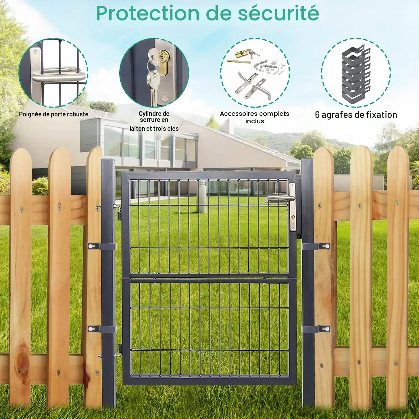 Daromigo Portail de jardin en métal - 120 x 100 cm - En acier galvanisé - Avec poignée, serrure et 3 clés - Porte de clôture robuste - Clôture de jardin - Anthracite