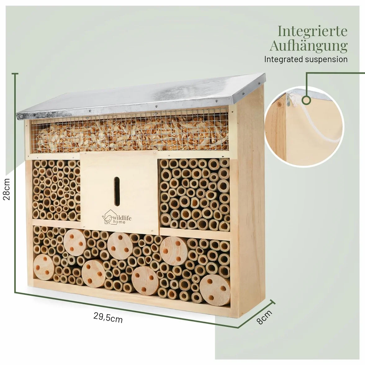 Hôtel à insectes WILDLIFE HOME avec toit en métal, bois massif non traité pour abeilles, coccinelles et chrysopes