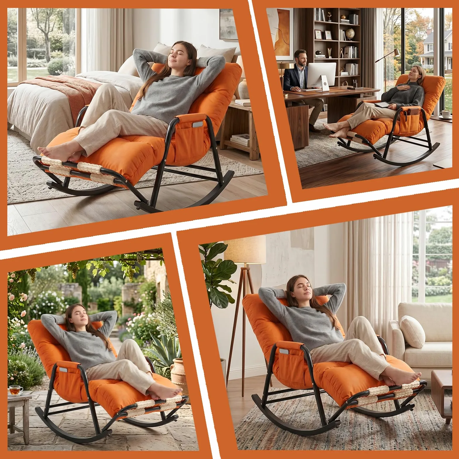 Fauteuil à Bascule Ergonomique, Rocking Chair Allaitement Silencieux avec Dossier et Repose-Jambes Réglables (5 Positions) et Repose-Pieds Massant, Chaise Relax en Cuir Anti-rayures, 150kg (Orange)