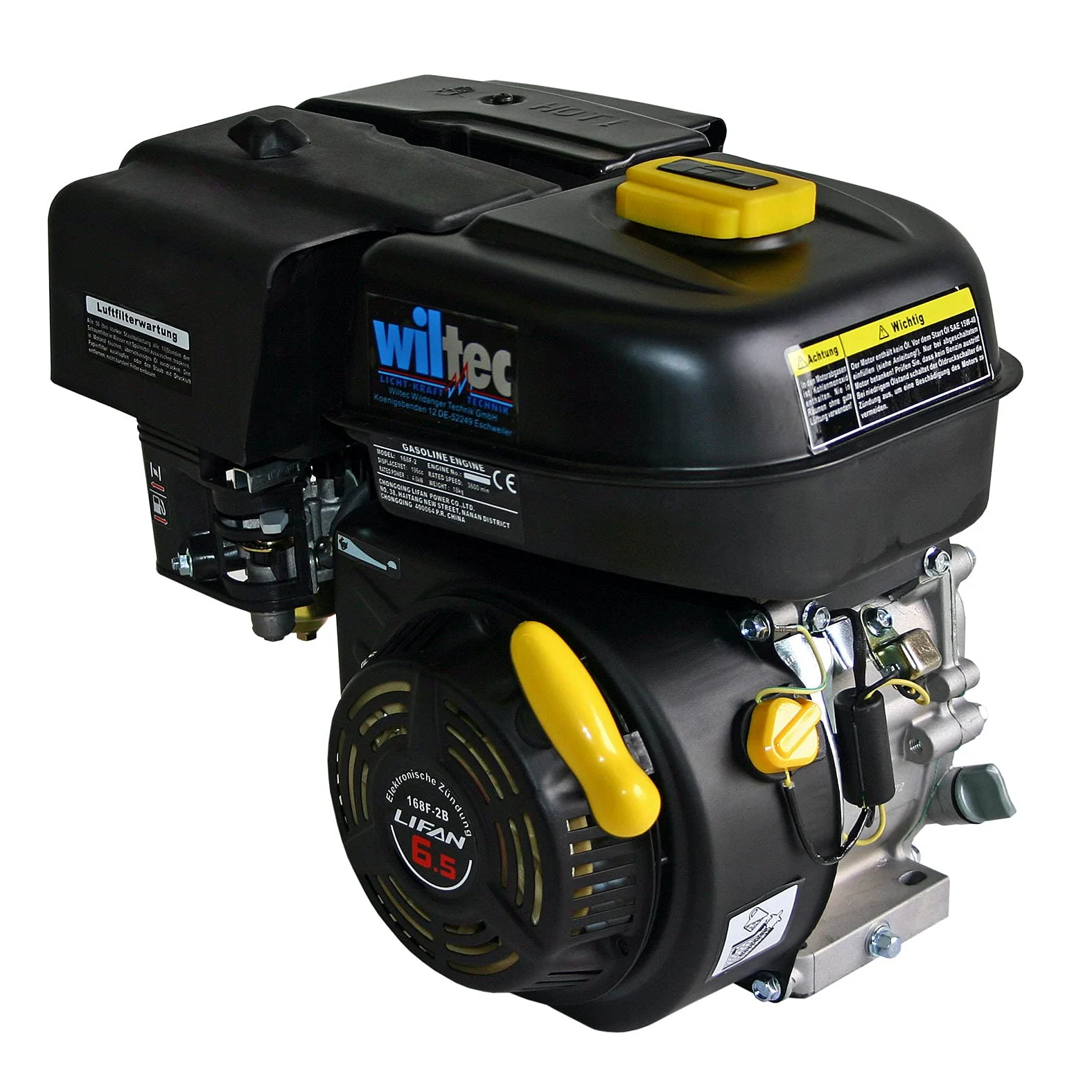 Wiltec LIFAN 168 F-2B Moteur essence – 380 x 360 x 260 mm – 4,8 kW (6,5 CV) – 196 ccm – 4 temps, Ø arbre 20 mm – capacité 3,6 L – OHV – Refroidi par air – Monocylindre Lanceur manuel – Kart Jardin