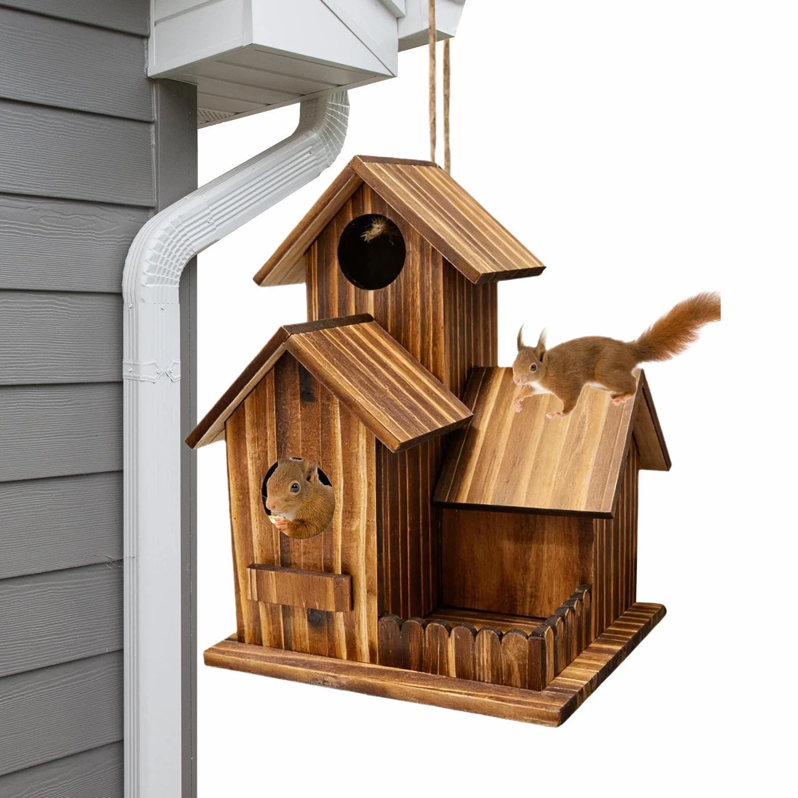 Distributeur de Nourriture pour écureuils d'extérieur | Station d'alimentation en Bois à Trois Compartiments pour l'extérieur - Station de Nourrissage pour Jardin, Arbre avec Toit Flexible | pour