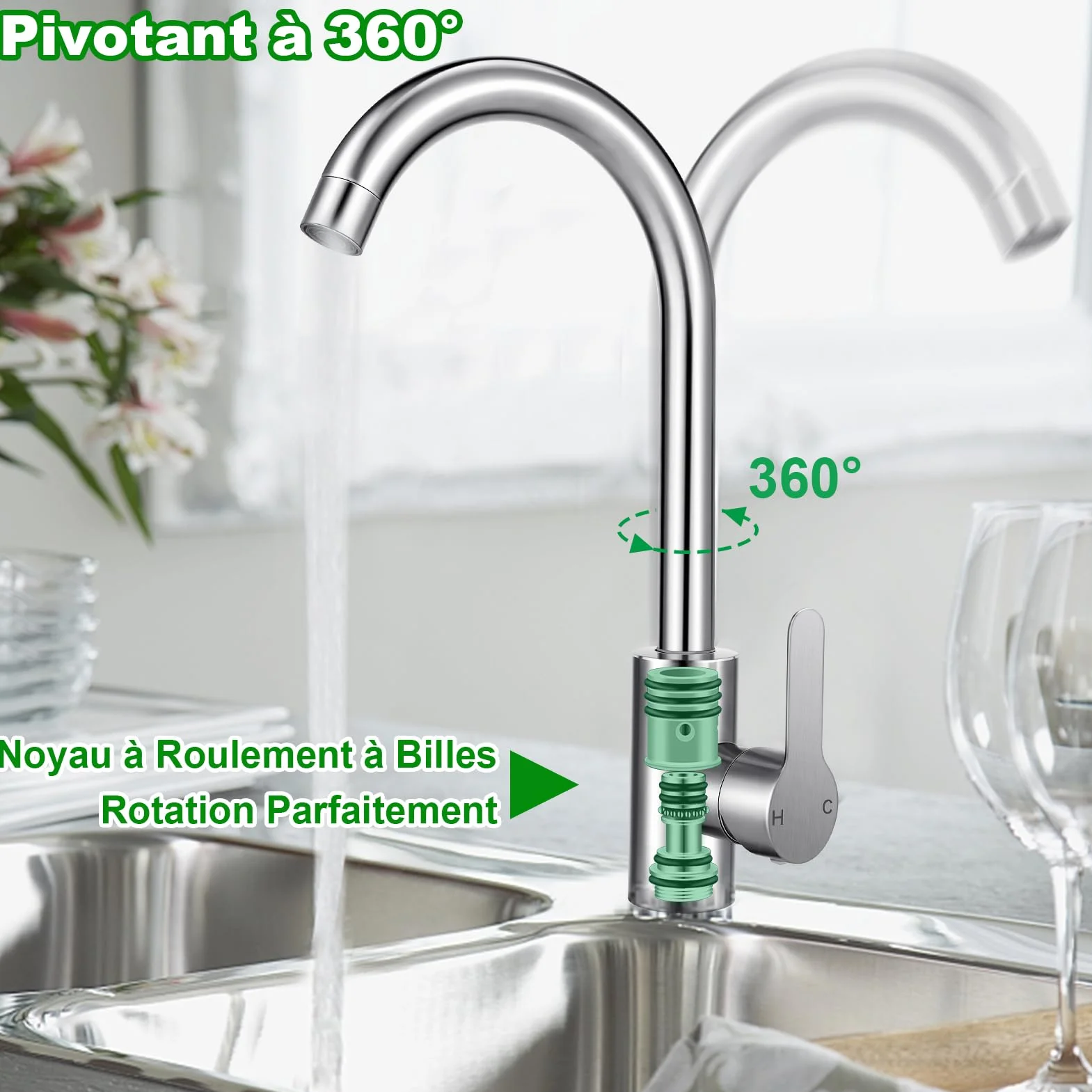 Mitigeur Cuisine Acier Inox Bec Pivotant 360° Monocommande Tuyau Flexible G3/8 x M10