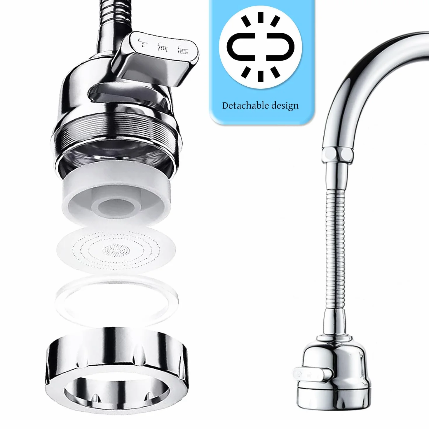 Mousseur robinet cuisine économie eau 3 modes acier inox flexible brise jet aérateur