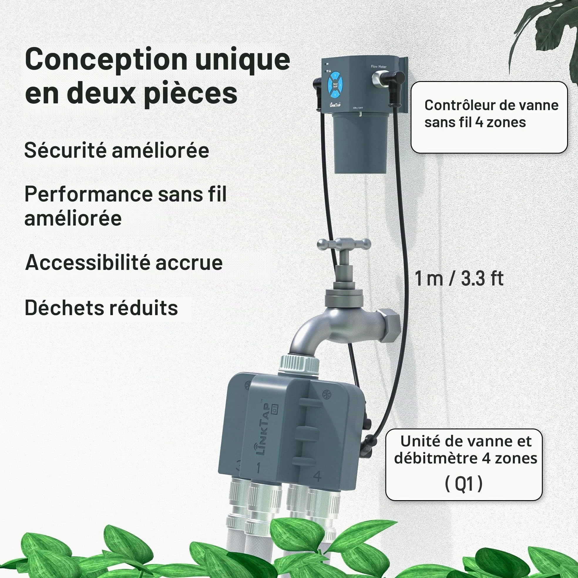 LinkTap Q1 Programmateur d'arrosage Intelligent et Gateway, 4 Zones distinctes, 4 débitmètres intégrés, équivaut à 4 G2S, Adaptation météo, IP66, Installation et Utilisation faciles