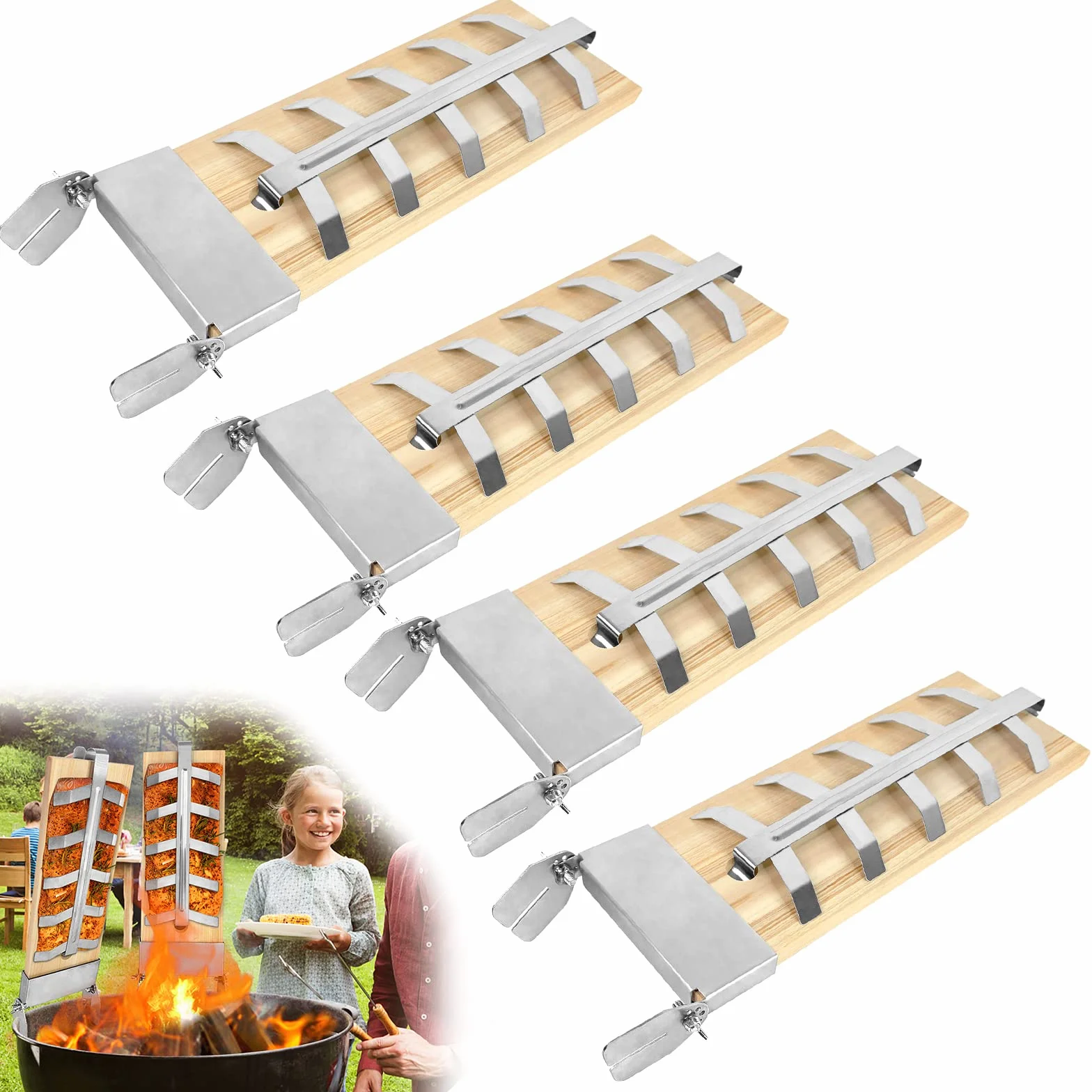 Planche à saumon flambée avec support en acier inoxydable, 4 planches de cèdre pour griller, 5 niveaux, réglables, pour brasero