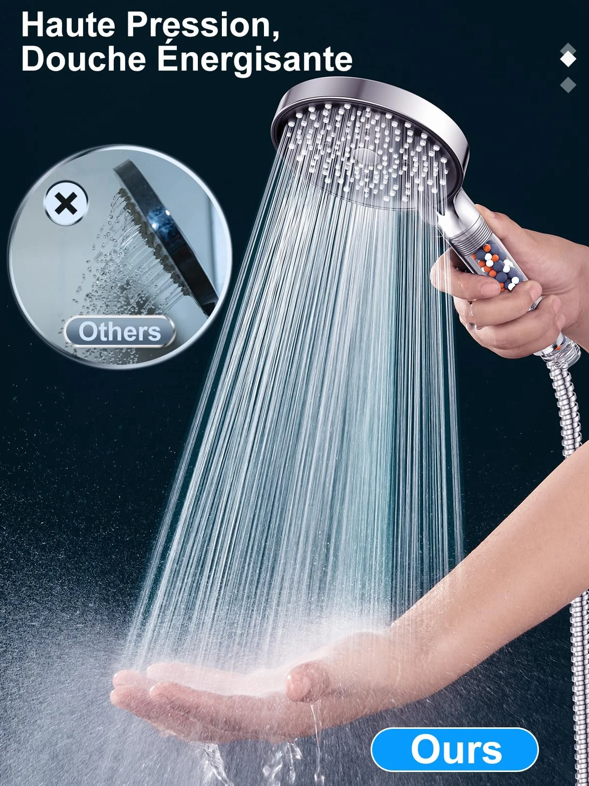 YEAUPE PRO Pommeau de Douche Anti calcaire Grand 130mm avec tuyau 1,6M, Haute Pression Chrome