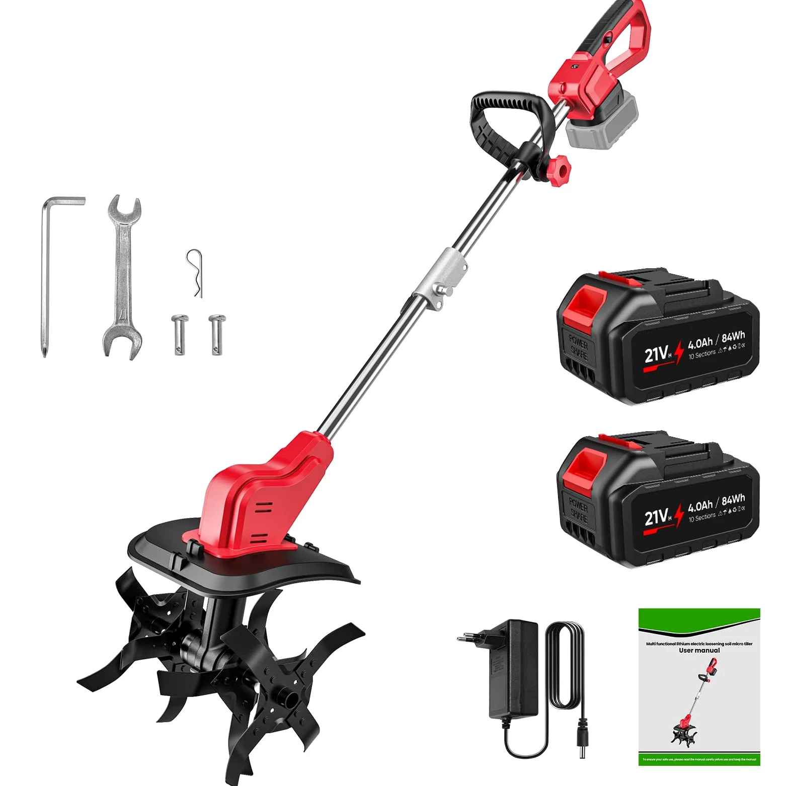 Motobineuse Électrique, 21V Motoculteur Électrique sans Fil avec 2 × 4.0Ah Batterie, Trois Types de Lames, Interrupteur à Double Sécurité, 30CM Largeur et 22CM Profondeur, pour Jardinage et Cultivate