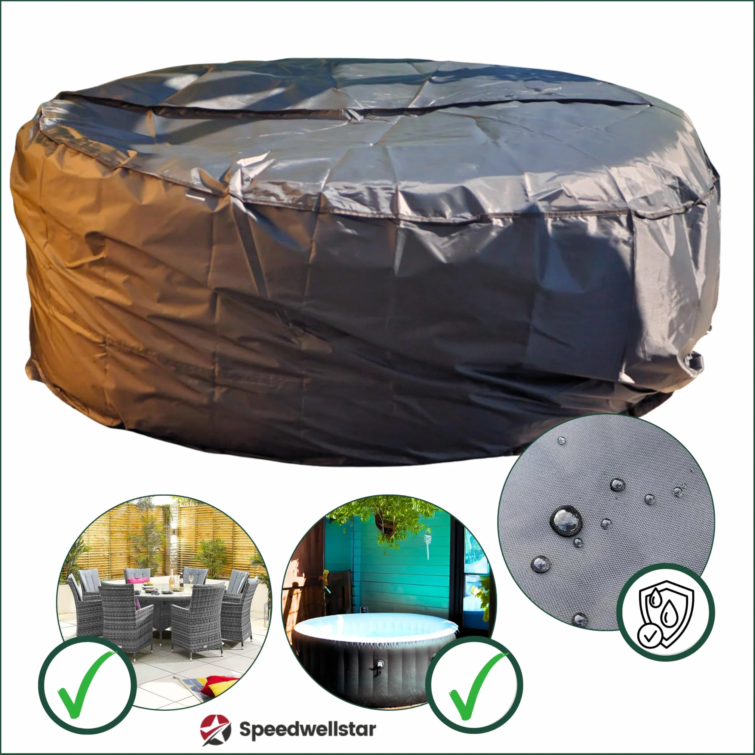 Speedwellstar Housse Ronde pour Table de Jardin, Jacuzzi, 210 cm, avec Cordon de Serrage Circulaire (Grande Housse Ronde)