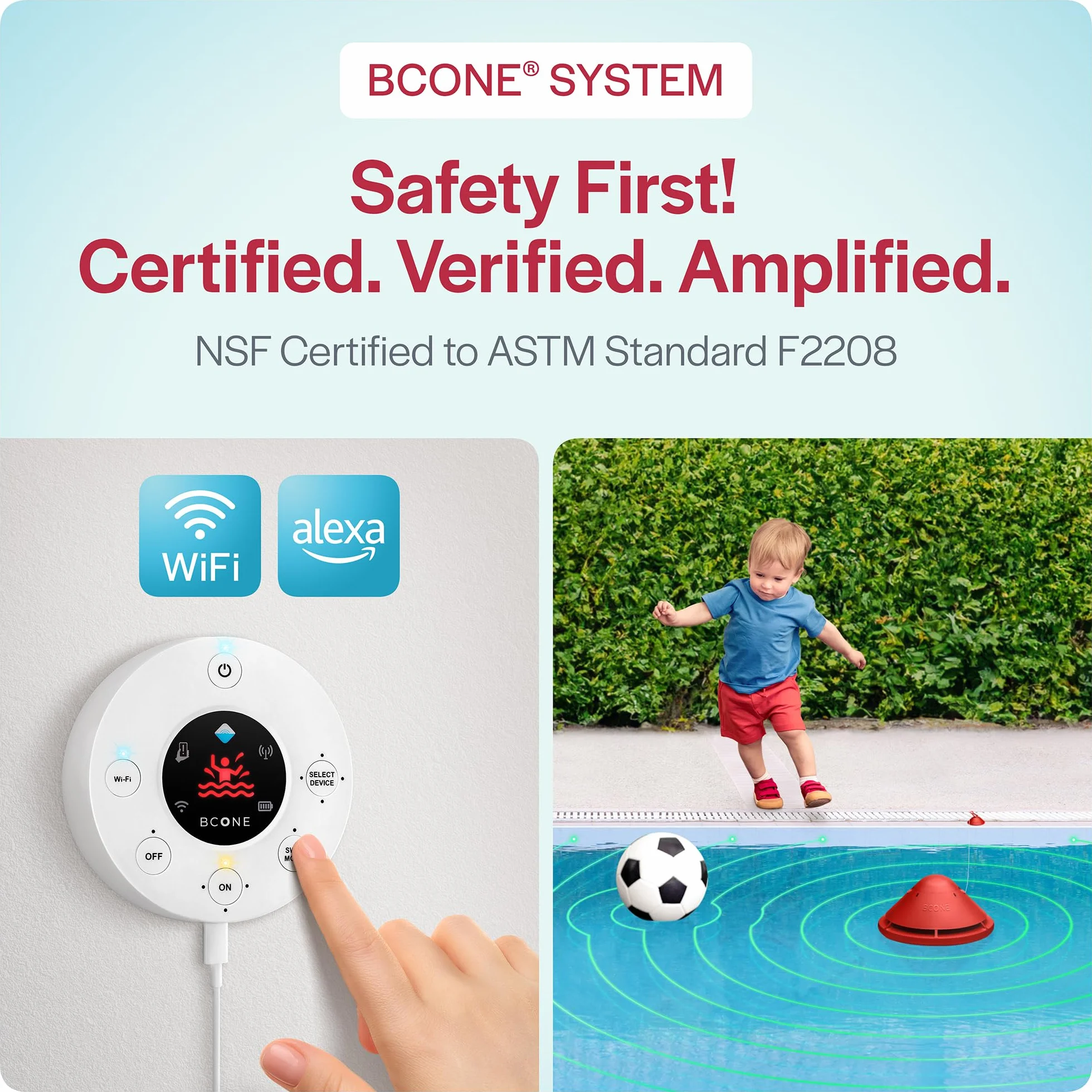 Lifebuoy BCone : Système d'alarme de sécurité Flottant pour Piscine avec bouée supplémentaire. Compatible Alexa et Google Assistant. Connectivité Wi-FI, contrôle par Application. Alarme puissante.