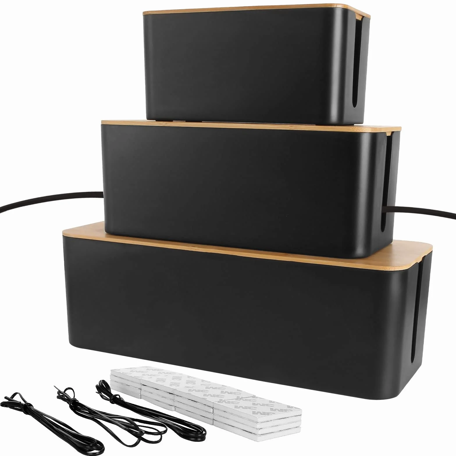 Boîte de Rangement de Câbles Noir, Cache Multiprise Électrique avec Couvercle Bois, 3 Pcs 3 Tailles