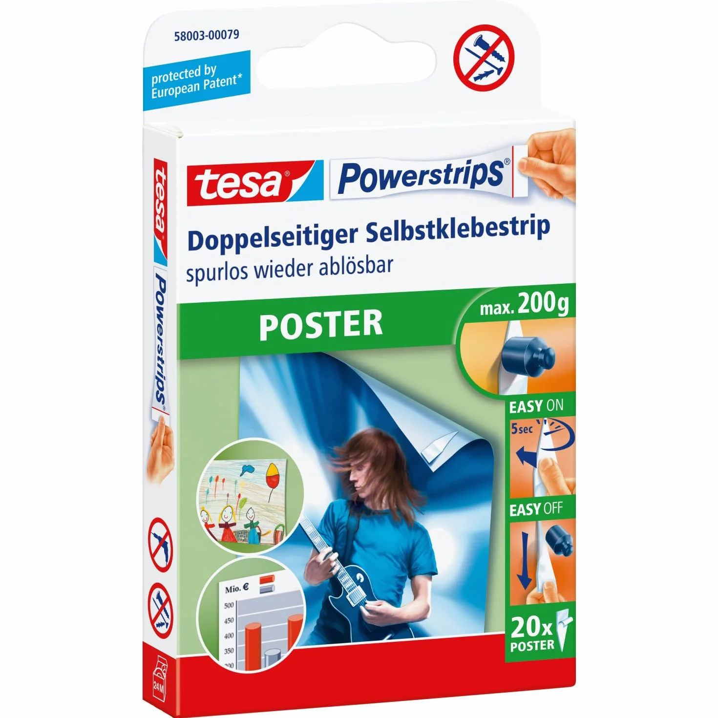 Tesa Powerstrips POSTER Bandes adhésives Double-Face Auto-adhésif Réutilisable 200 g 20 Pièces