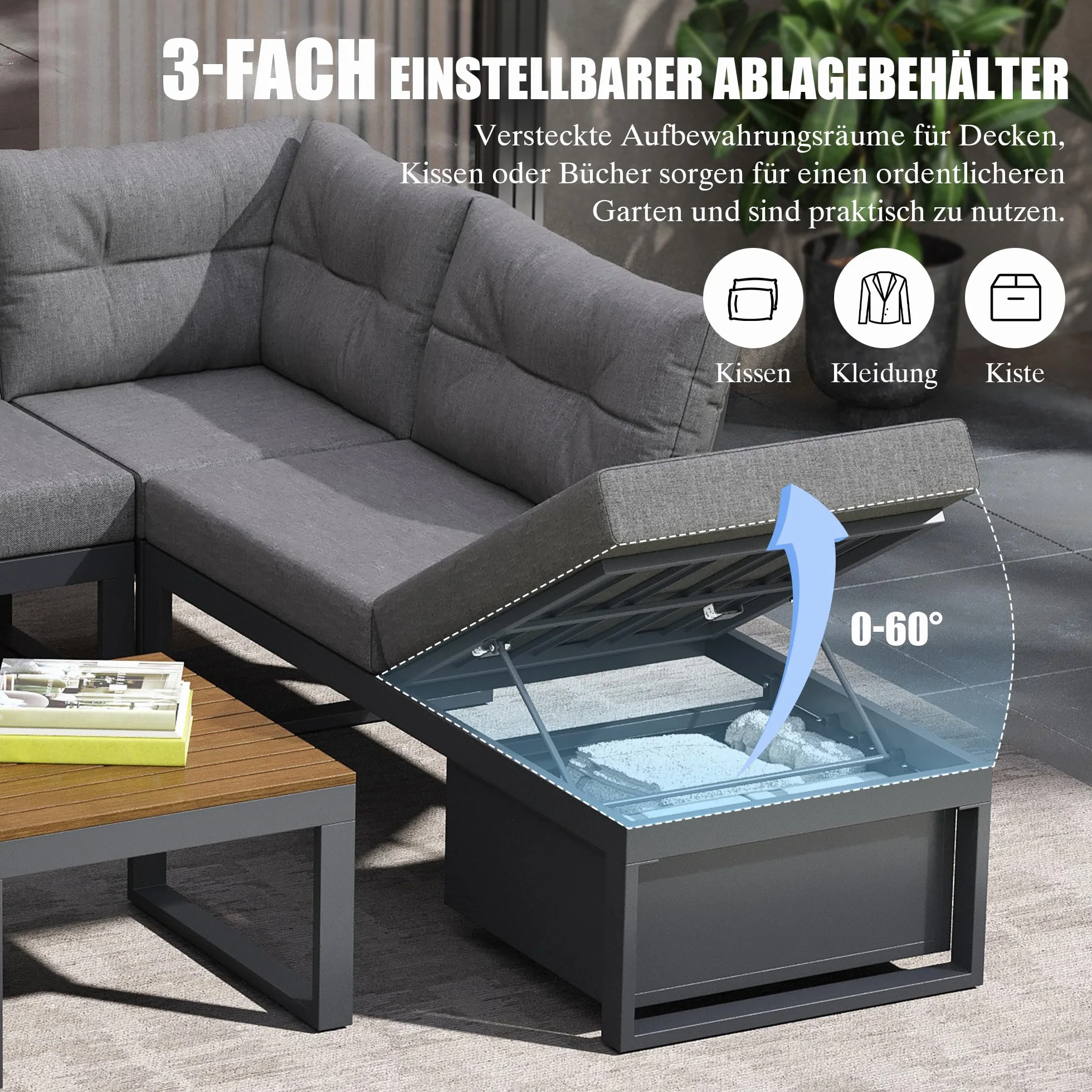 Salon de jardin d'extérieur multifonction, canapé d'angle modulable 5 places résistant aux intempéries, doté de dossiers réglables avec fonction d'inclinaison, d'un espace de rangement et de coussins