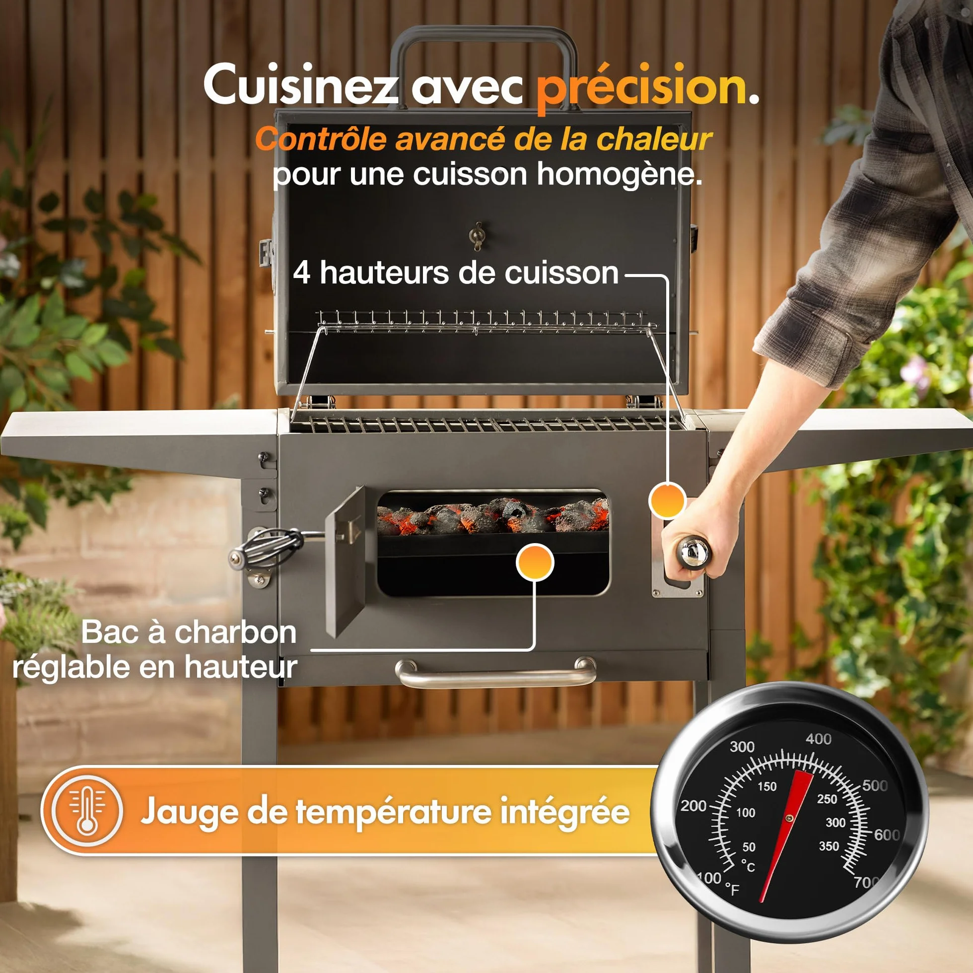 VonHaus Barbecue au Charbon – Barbecue avec Grille Chauffante, Hauteur Réglable, Thermomètre – Portable, Bac à Cendres, Étagère, 2 Tables Latérales Pliables, Roues – Viande, Poisson & Légumes