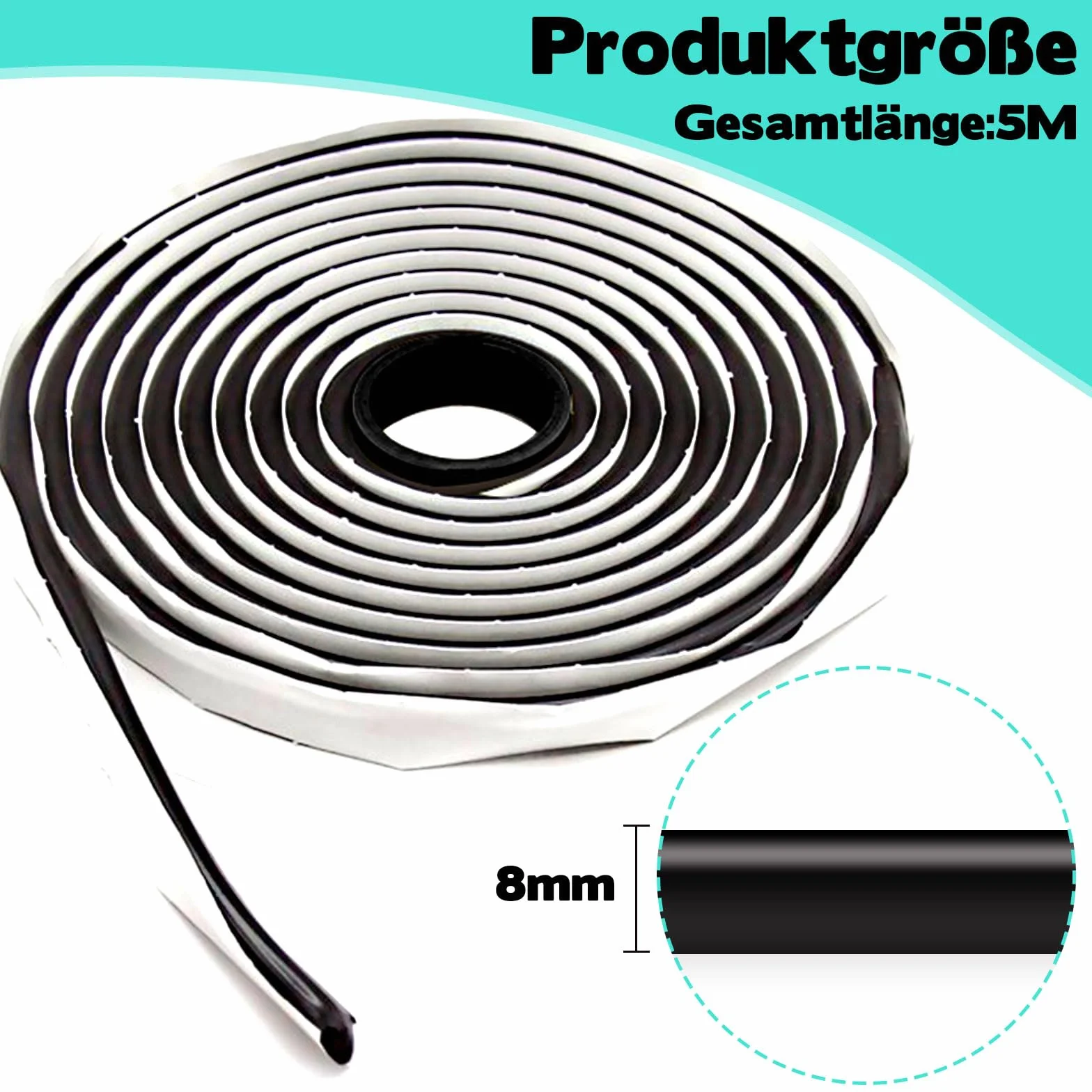 Ruban adhésif en caoutchouc butyle étanche 8 mm x 5 m noir double face pour fenêtres de voiture