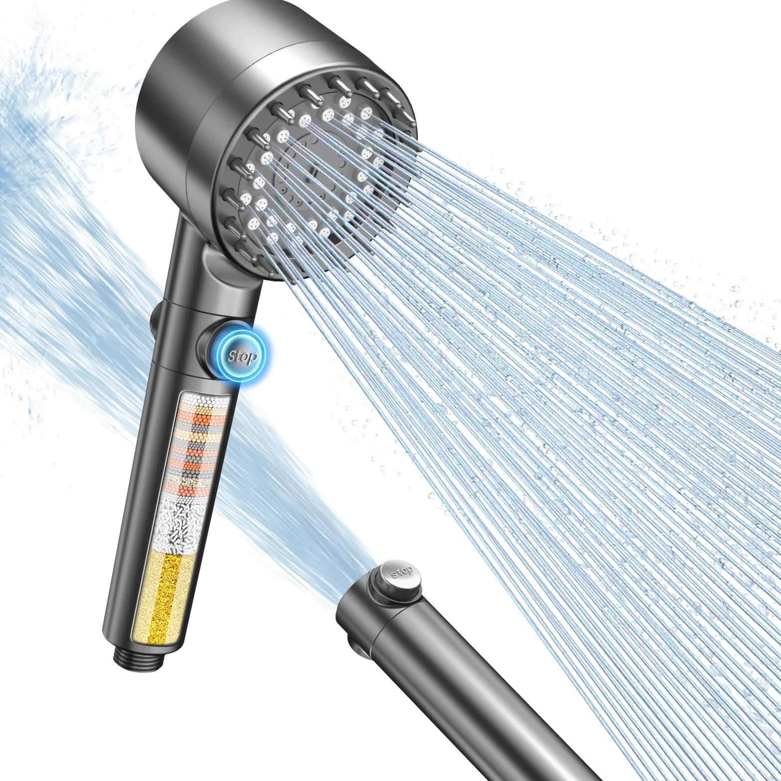 FEELSO Pommeau de Douche Anti Calcaire avec Filtre 15 Couches, 3+1 Jets Haute Pression, Stop Eau, Économie d'Eau (Gris)