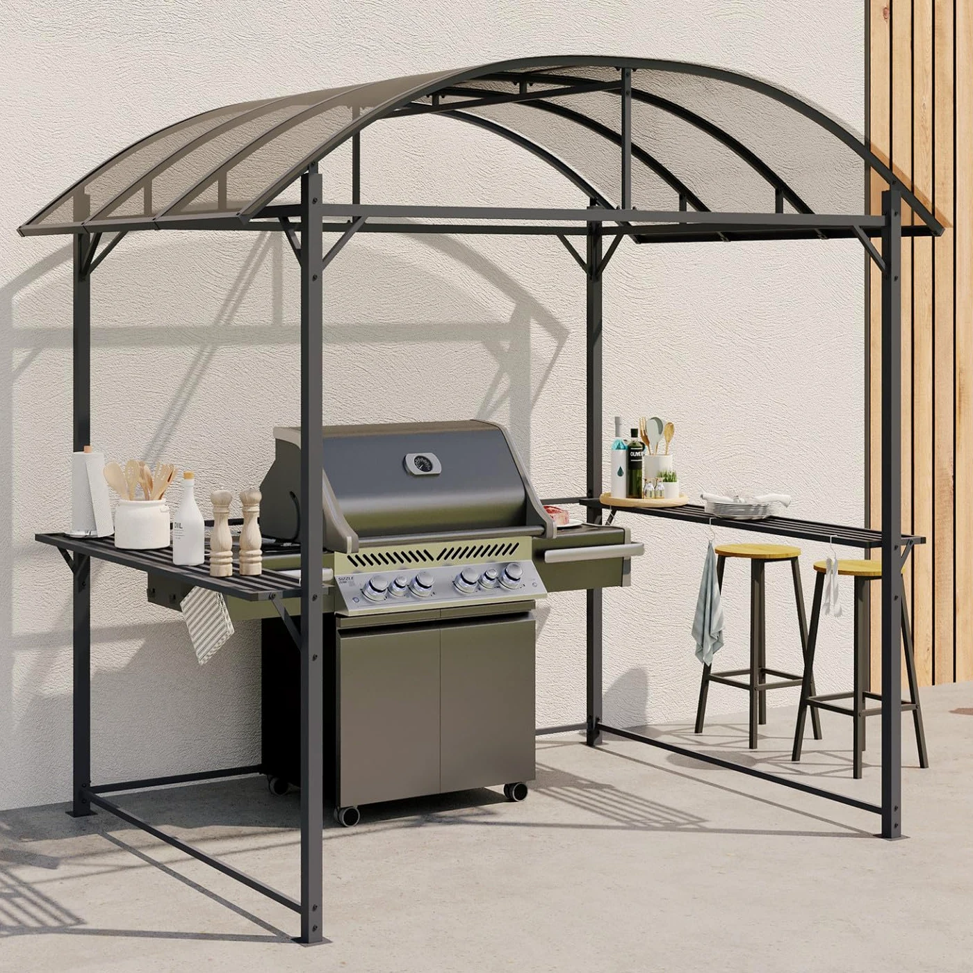 IDMarket - Abri pour Barbecue 240 x 150 x 220 cm avec étagères, en métal Gris et Toit en Polycarbonate