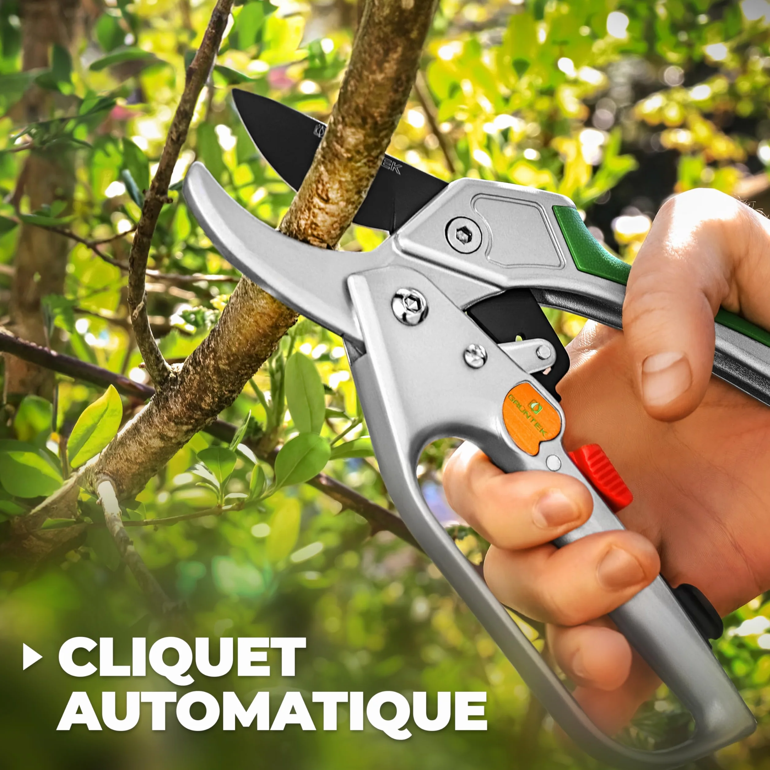 GRÜNTEK Sécateur de Jardin Professionnel à Cliquet Automatique et Enclume CONDOR 20cm. Coupe Branches Ø20 mm.