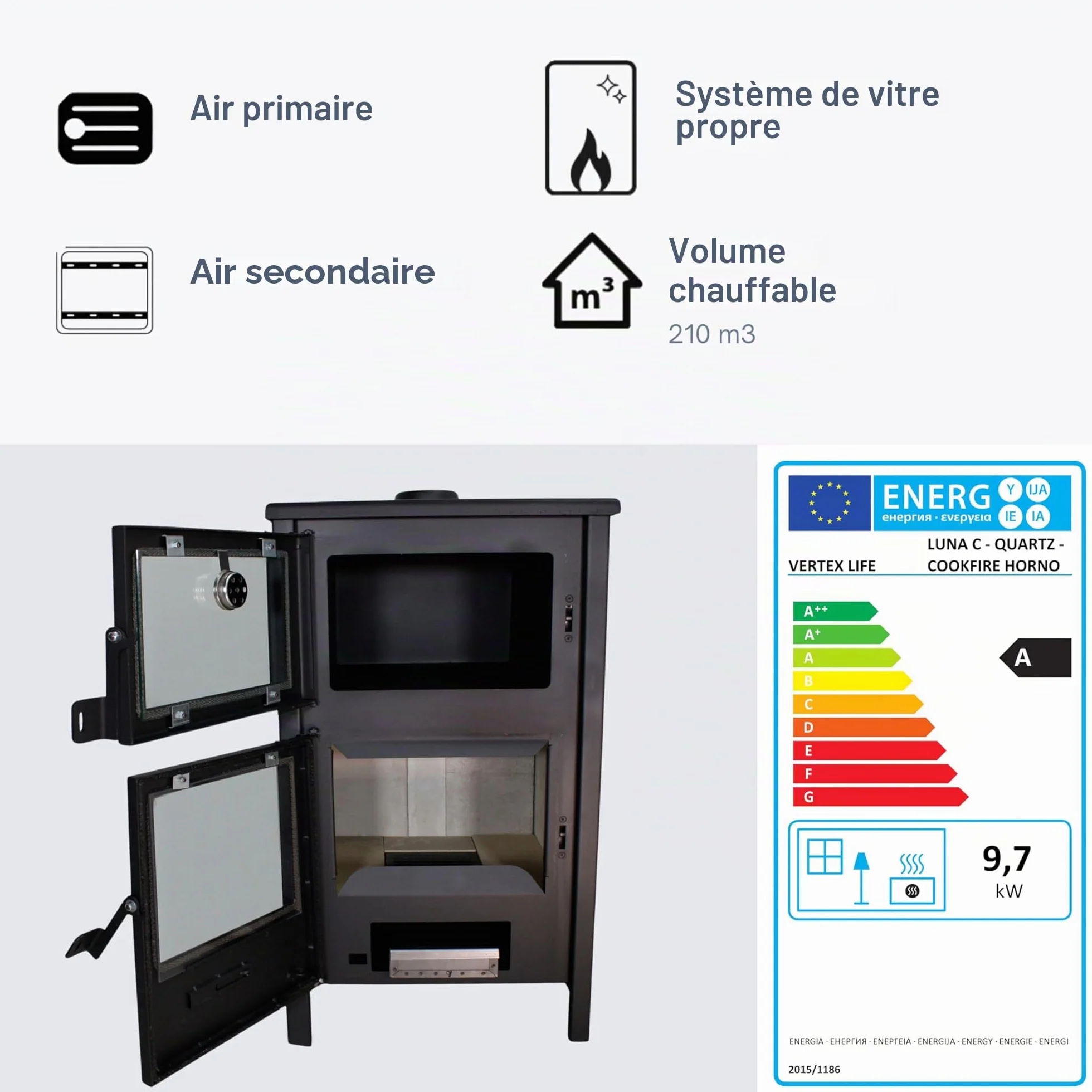 Poêle à Bois EIDER BIOMASA Quartz 12,4 kW 89 x 47 x 52 cm Fonte Classe A