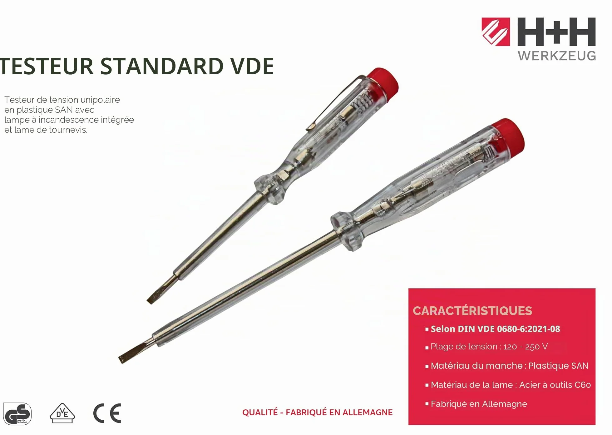 H+H Werkzeug Testeur de tension VDE 45200/45500 2 pièces 250 V Certifié GS Fabriqué en Allemagne