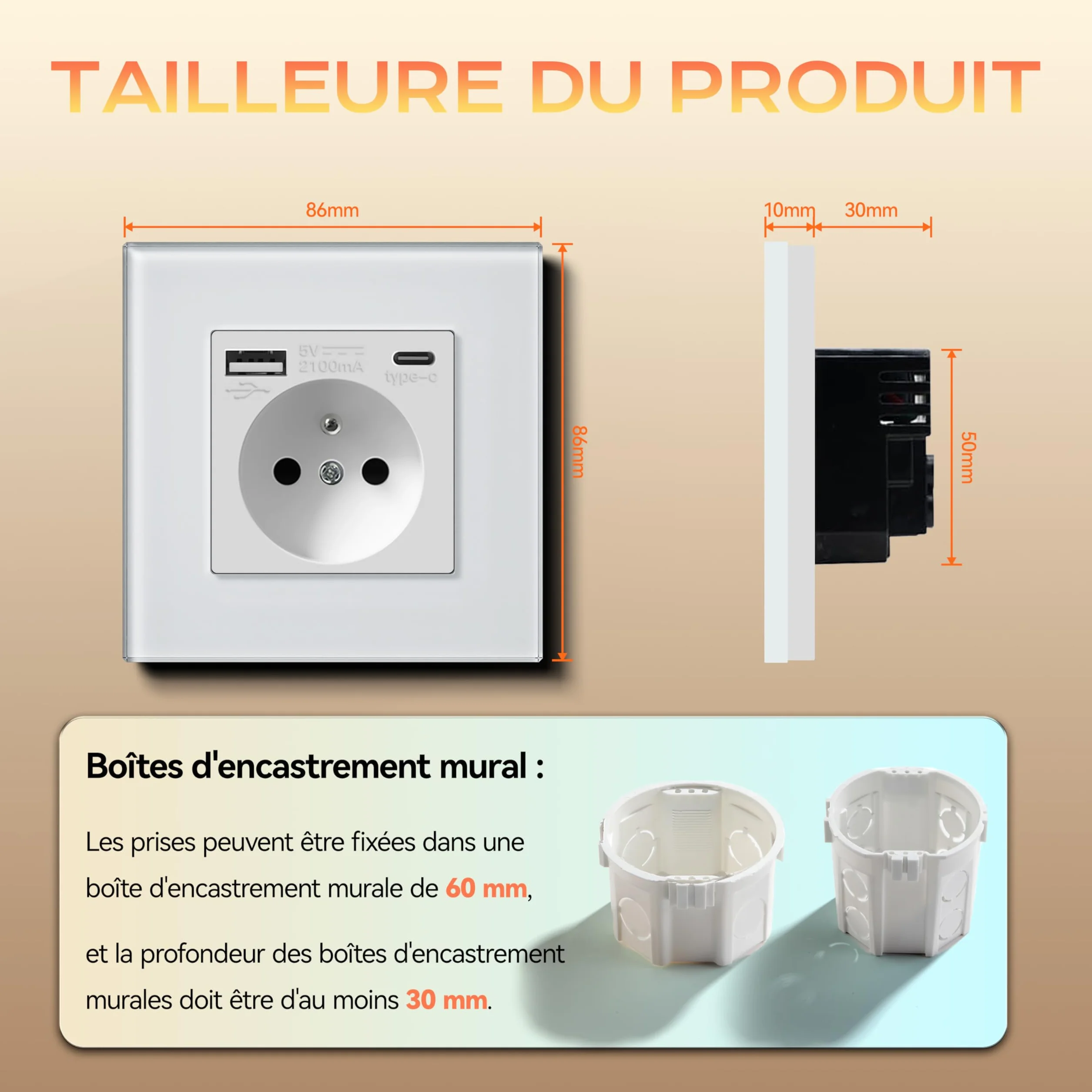 BSEED Prise Murale USB C 2 Paquets, Multiprise avec USB 2.1A 16A 240V 86mm Blanc