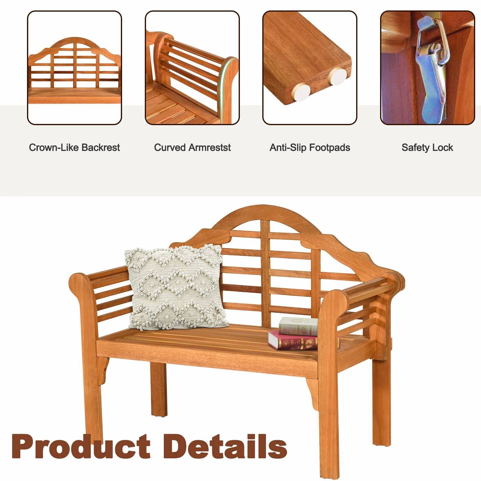 KOMFOTTEU Banc de Jardin 2 Places, Design Pliable, Banquette de Parc en Bois d'Acacia, Charge Maximum de 360 kg, Banc d’Extérieur, idéal pour Balcon, Terrasse, 123 x 54 x 96 cm, Naturel