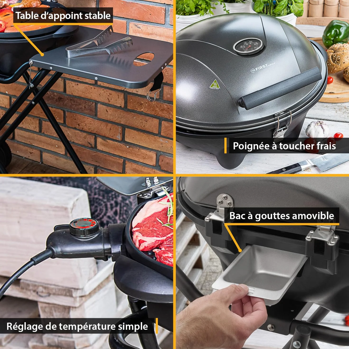 TZS First Austria Barbecue électrique 2 en 1 2400W BBQ pliable gril sphérique avec thermomètre