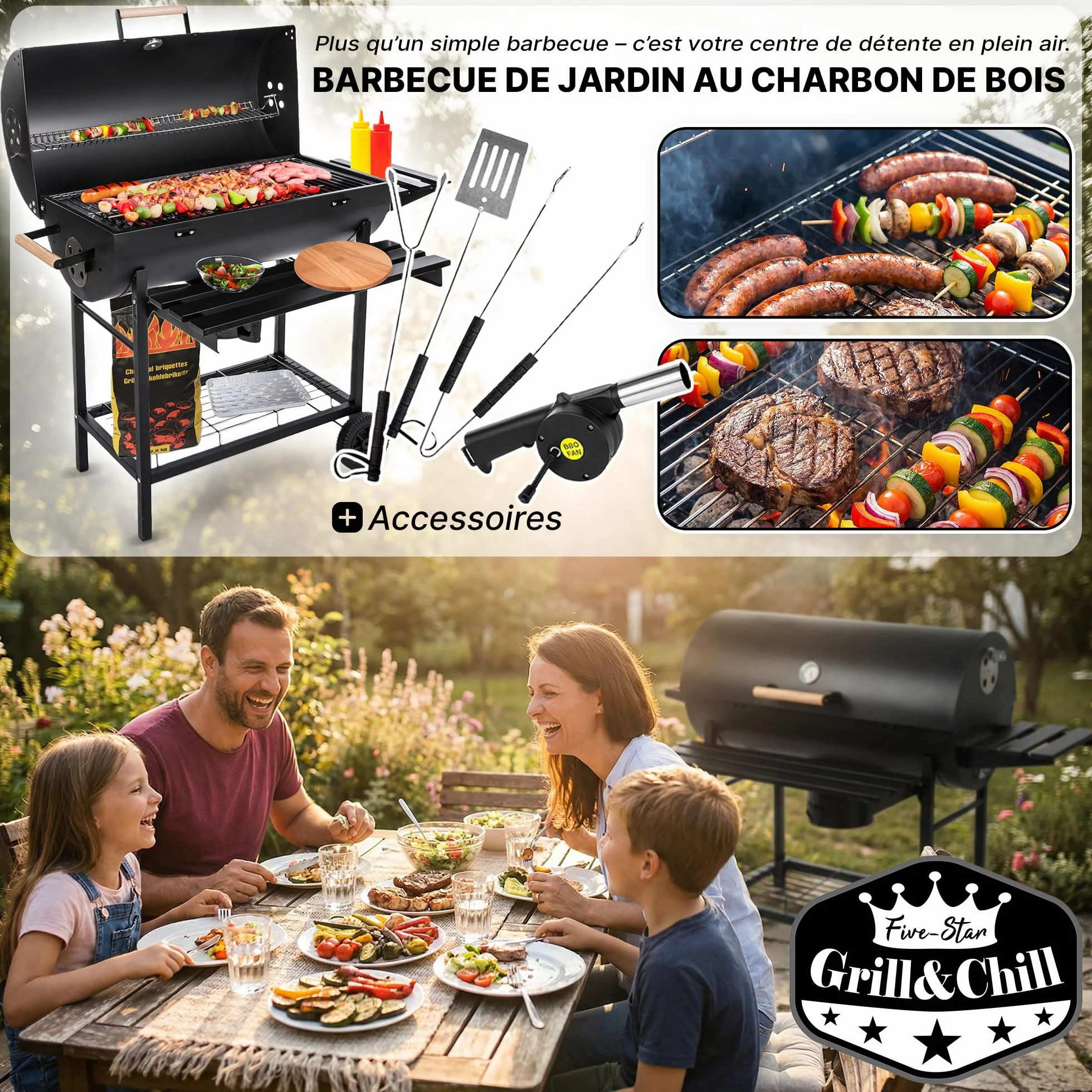 Five-Star Grill & Chill Barbecue charbon de bois - barbecue de jardin, barbecue charbon grande grille chromée 71×35 cm, couvercle, cendrier, thermomètre, deux roues de transport, BBQ, GC0002
